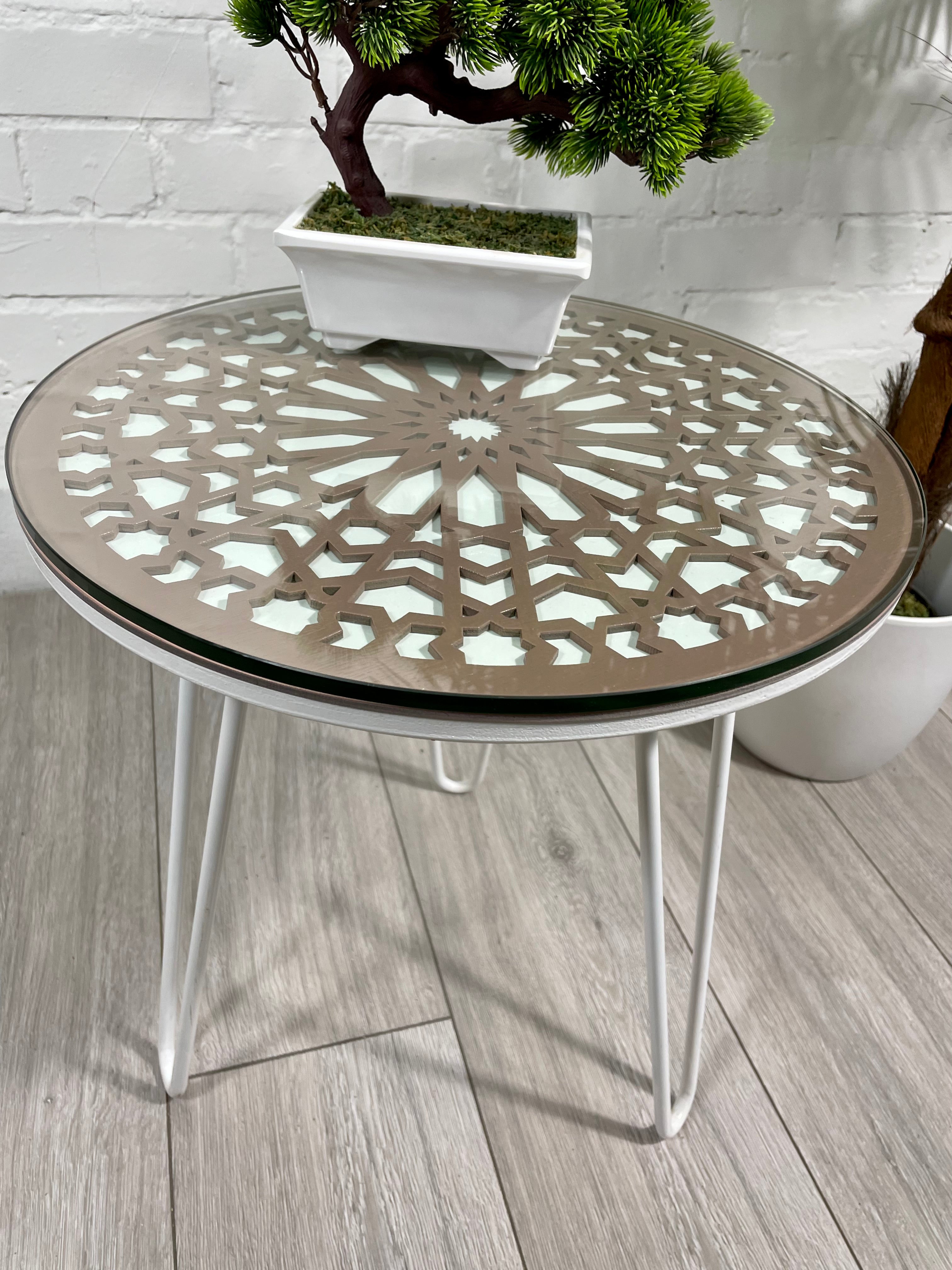 Moroccan Mosaic Side Table Pin Legs | Zellige Table White and Dusty Pink with Glass Top