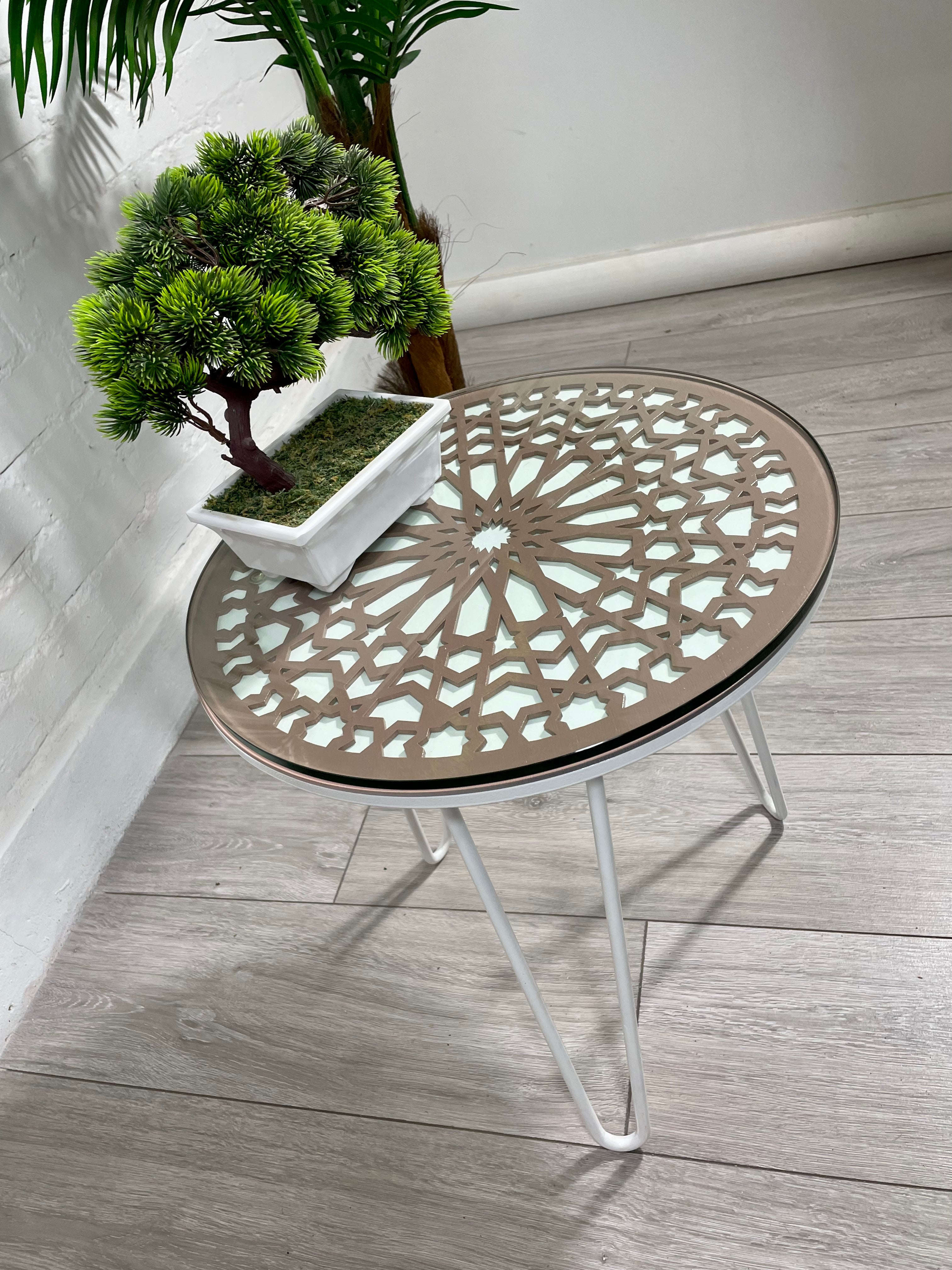 Moroccan Mosaic Side Table Pin Legs | Zellige Table White and Dusty Pink with Glass Top