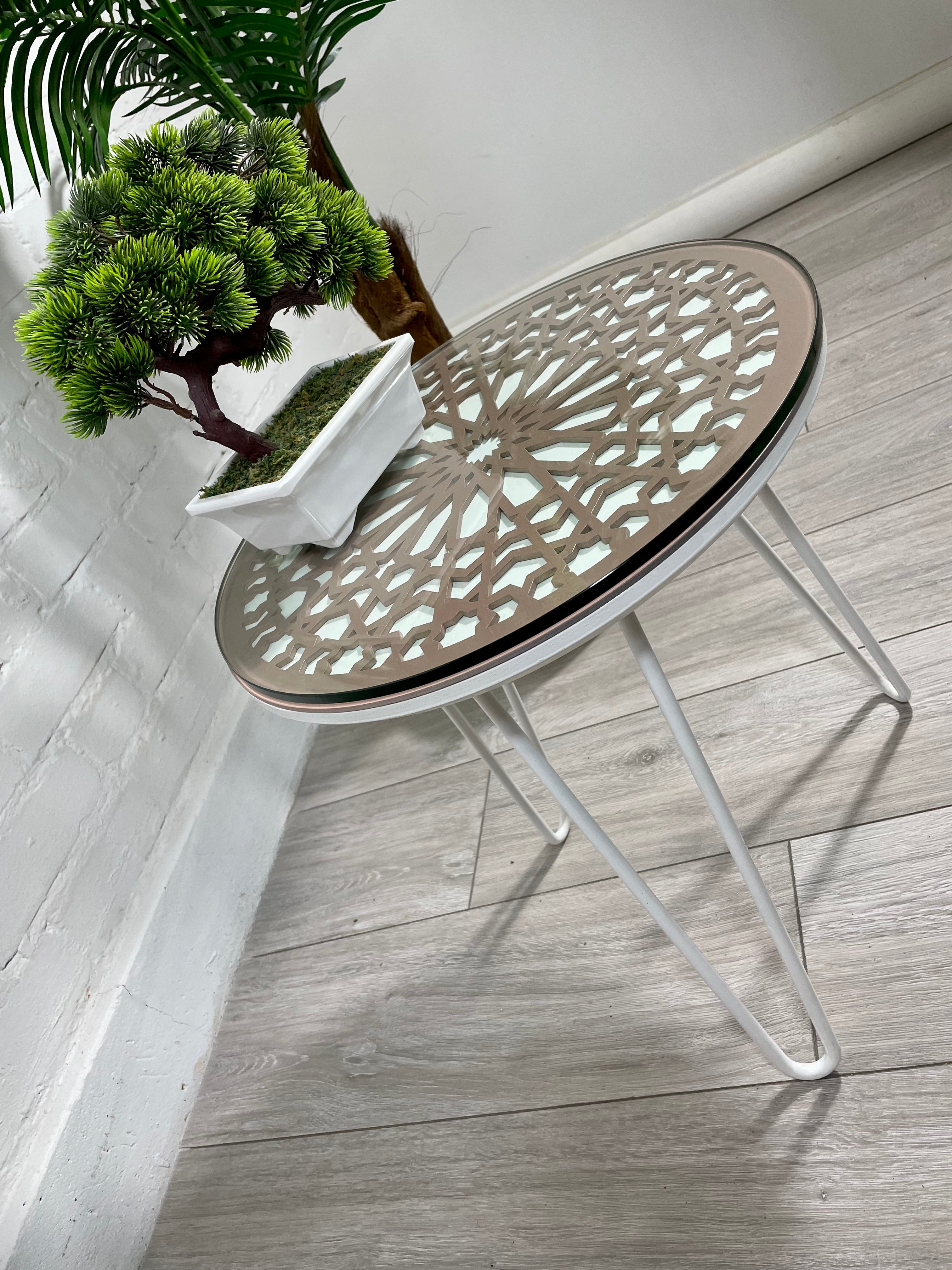 Moroccan Mosaic Side Table Pin Legs | Zellige Table White and Dusty Pink with Glass Top