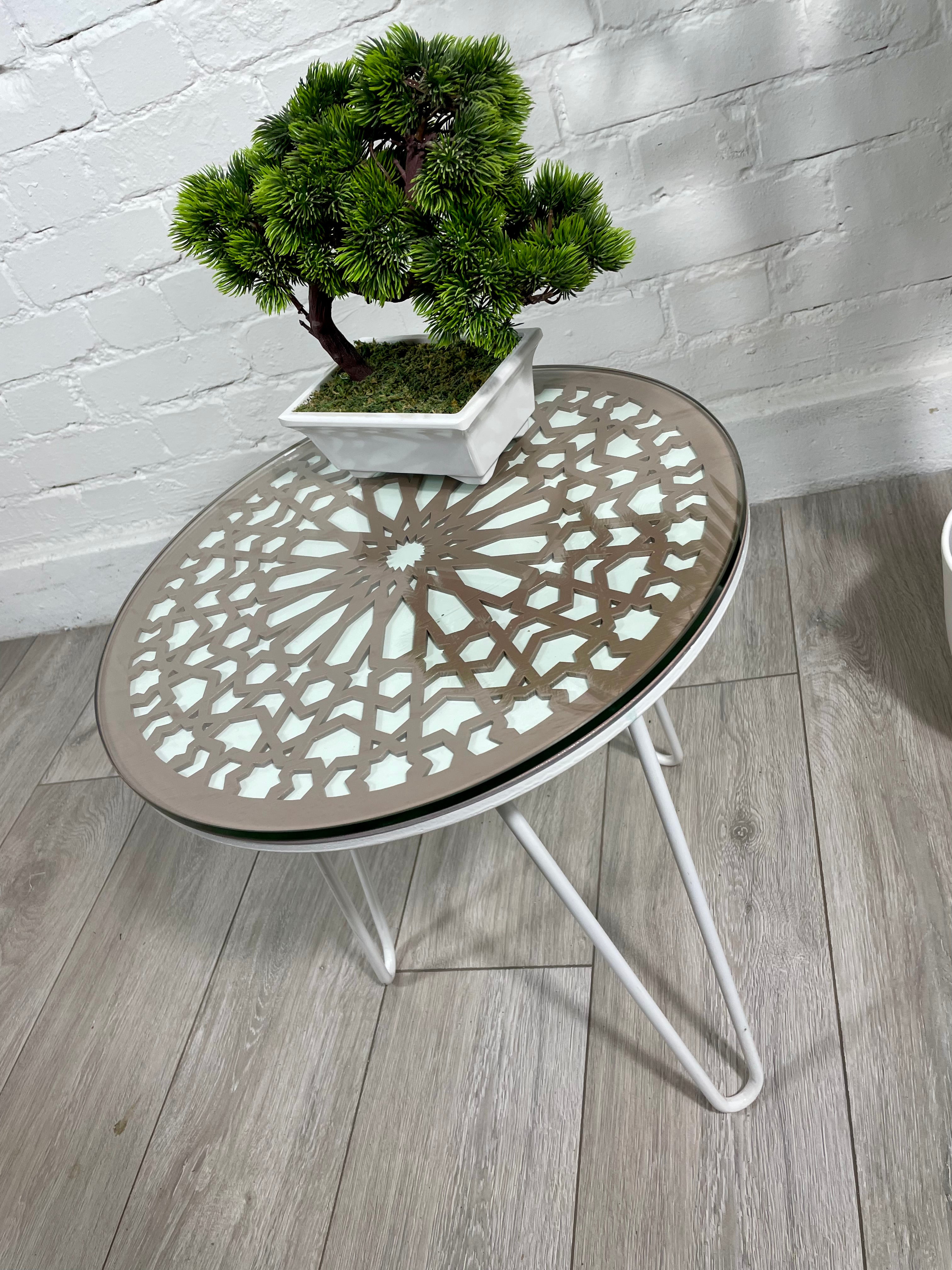 Moroccan Mosaic Side Table Pin Legs | Zellige Table White and Dusty Pink with Glass Top