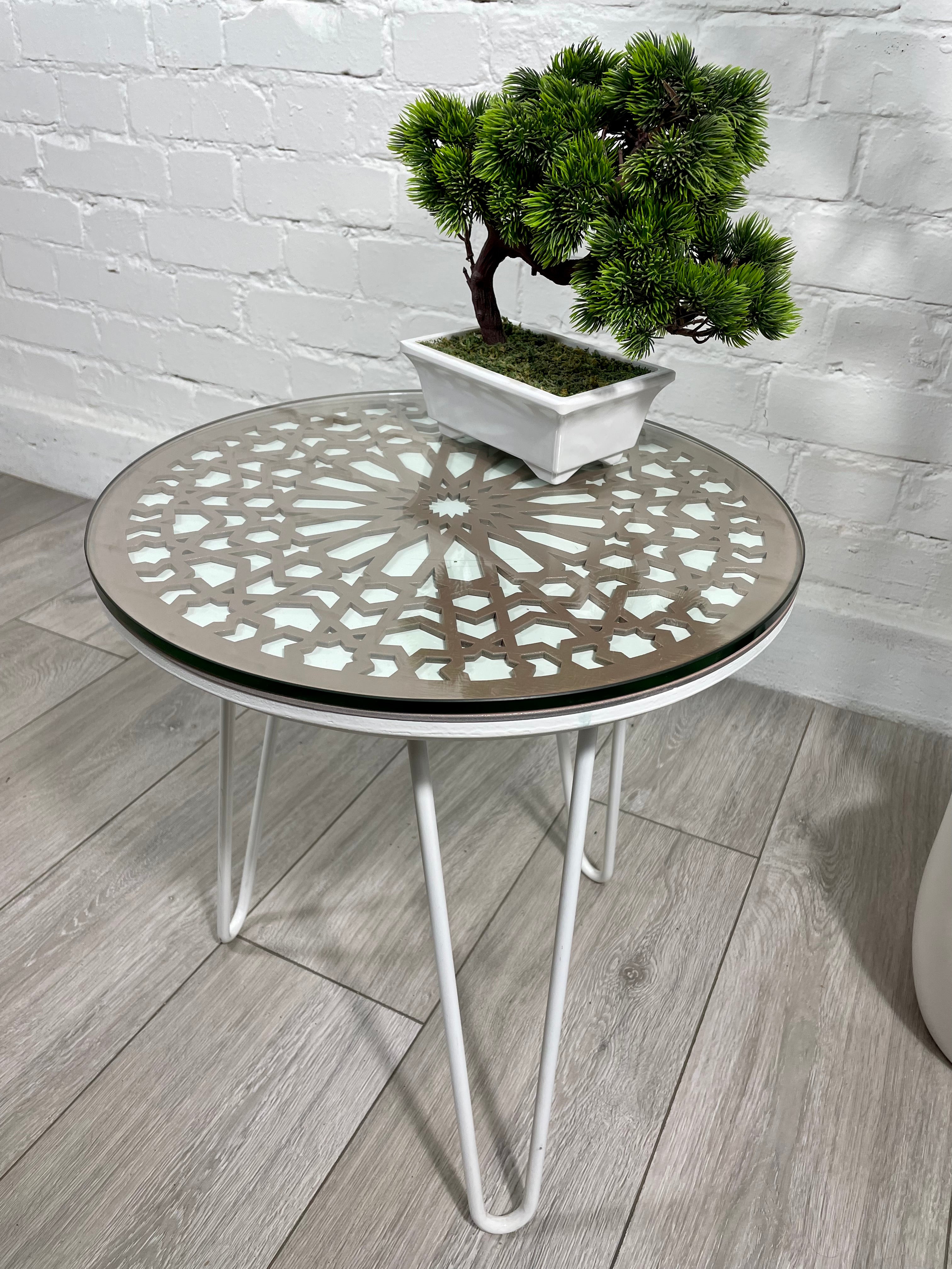 Moroccan Mosaic Side Table Pin Legs | Zellige Table White and Dusty Pink with Glass Top