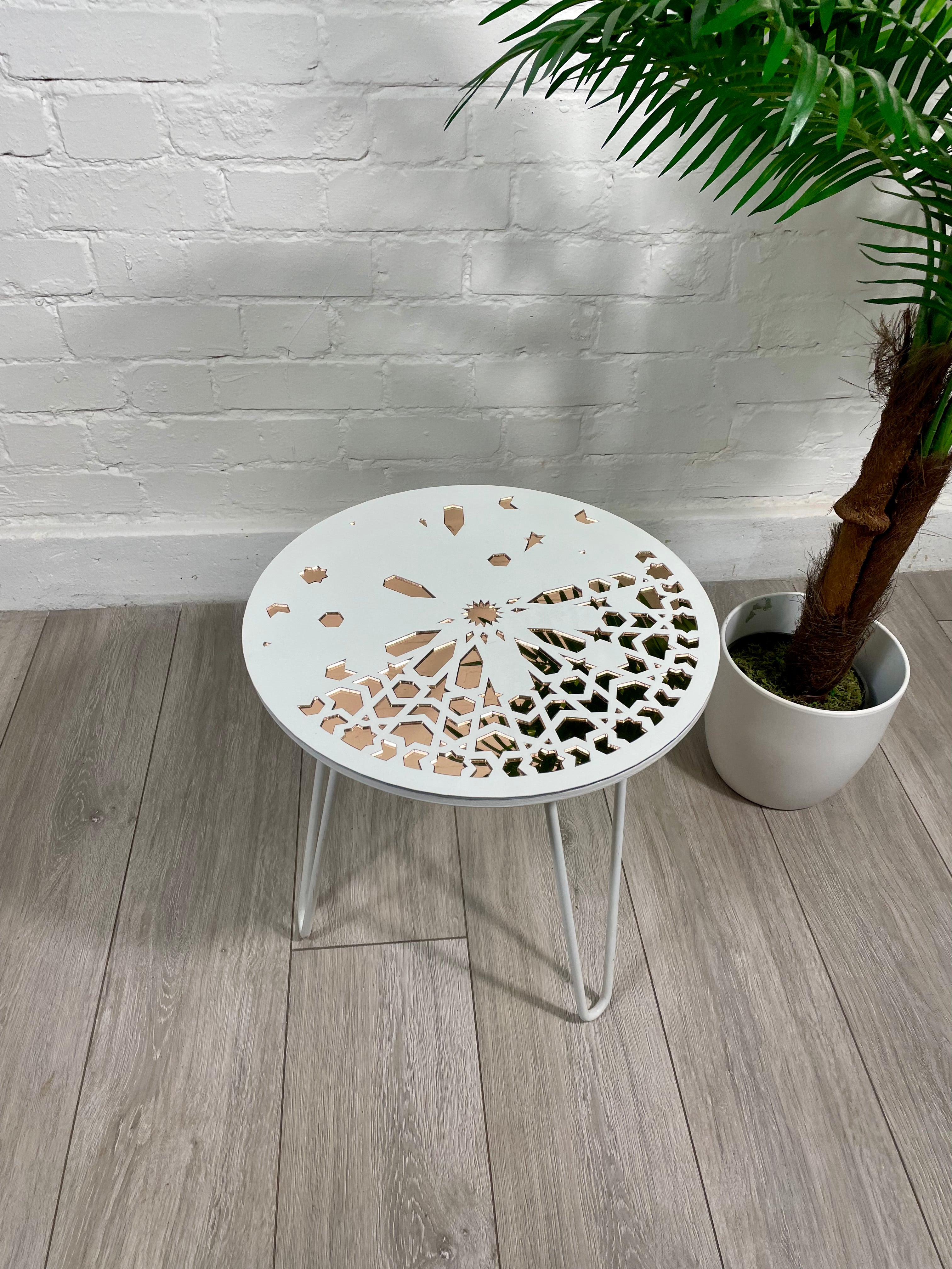 Moroccan Mosaic Side Table Pin Legs Zellige Table  With Rose Gold Mirror Inlays