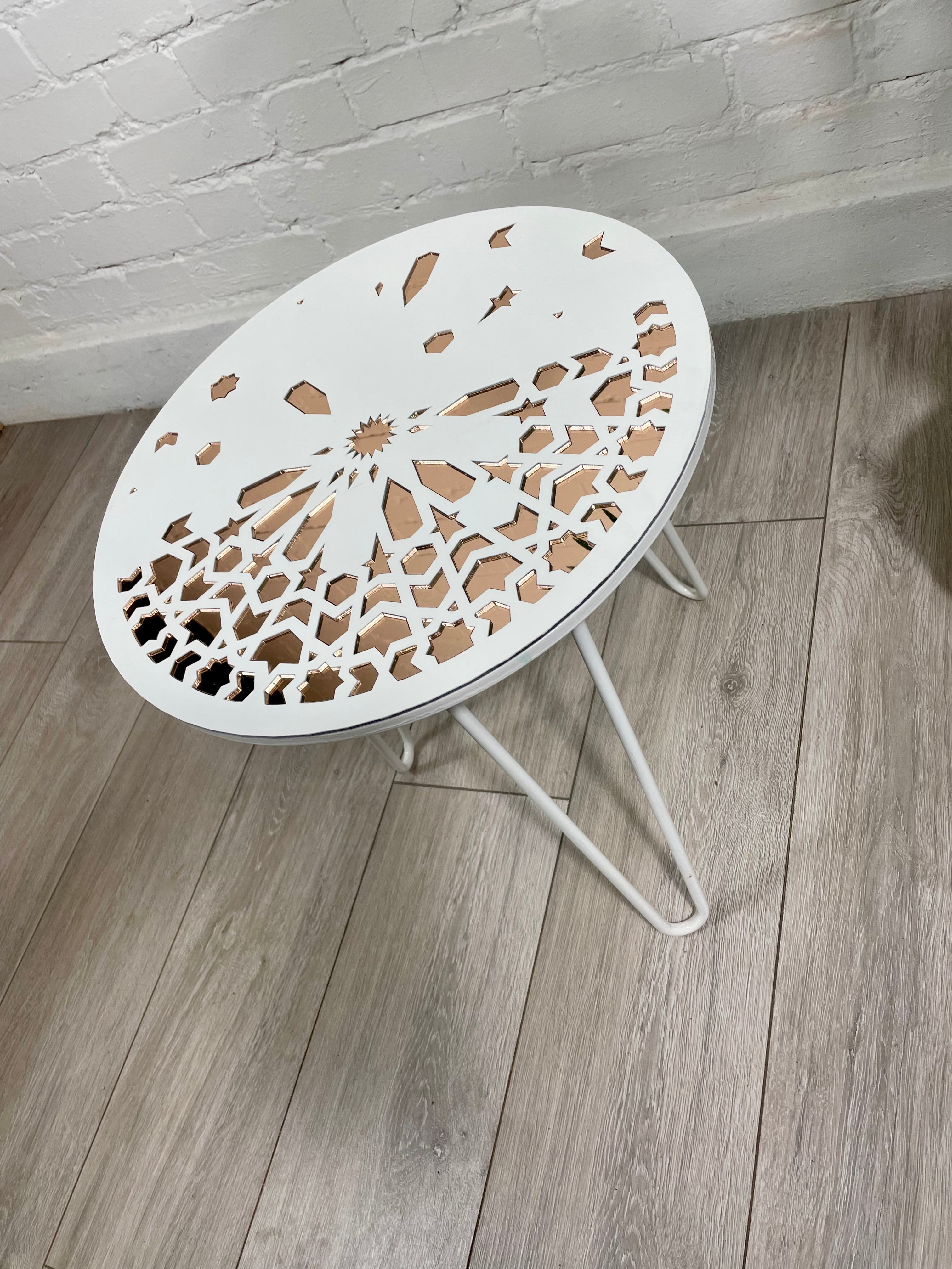 Moroccan Mosaic Side Table Pin Legs Zellige Table  With Rose Gold Mirror Inlays