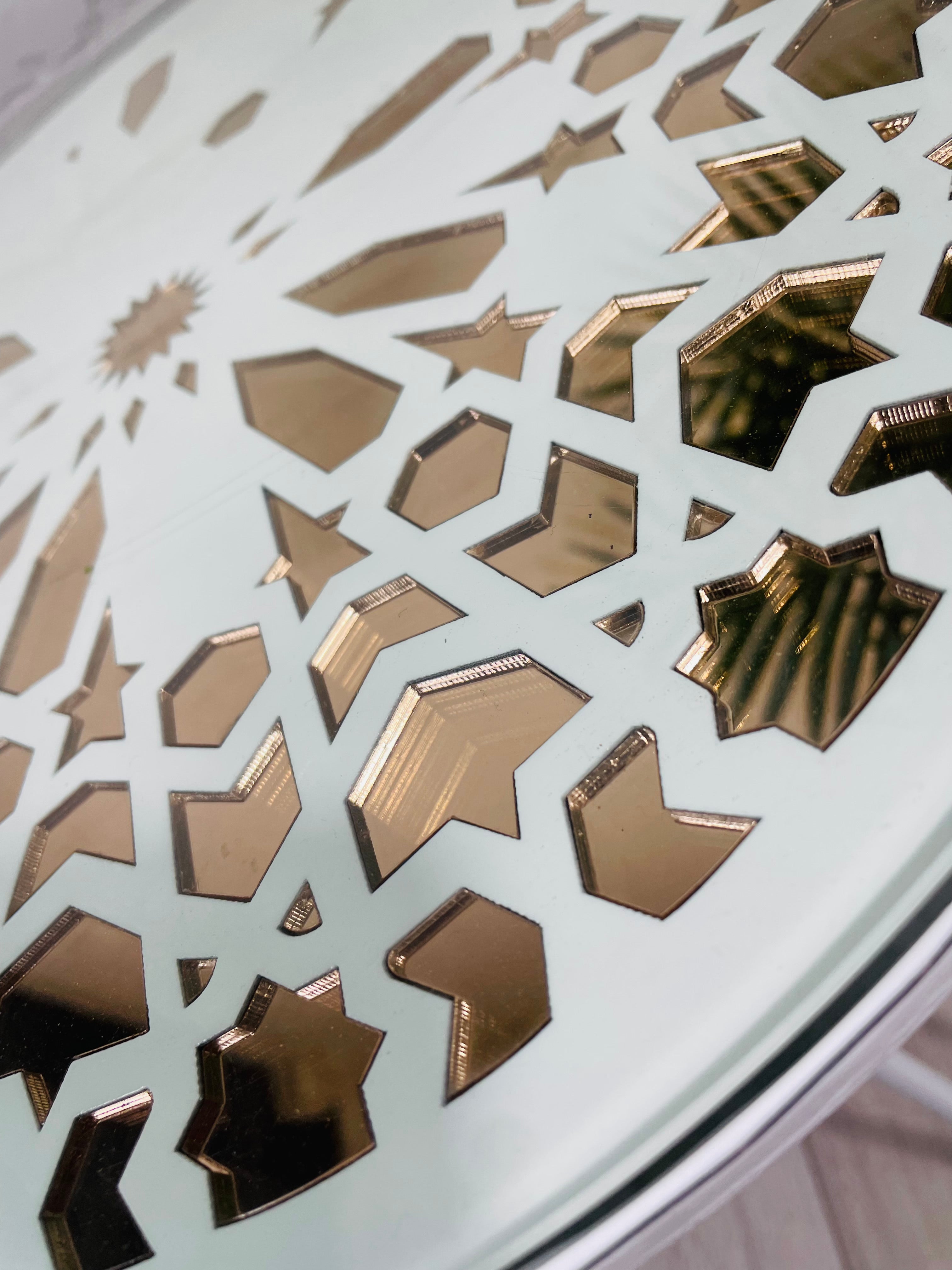 Moroccan Mosaic Side Table Pin Legs Zellige Table  With Rose Gold Mirror Inlays