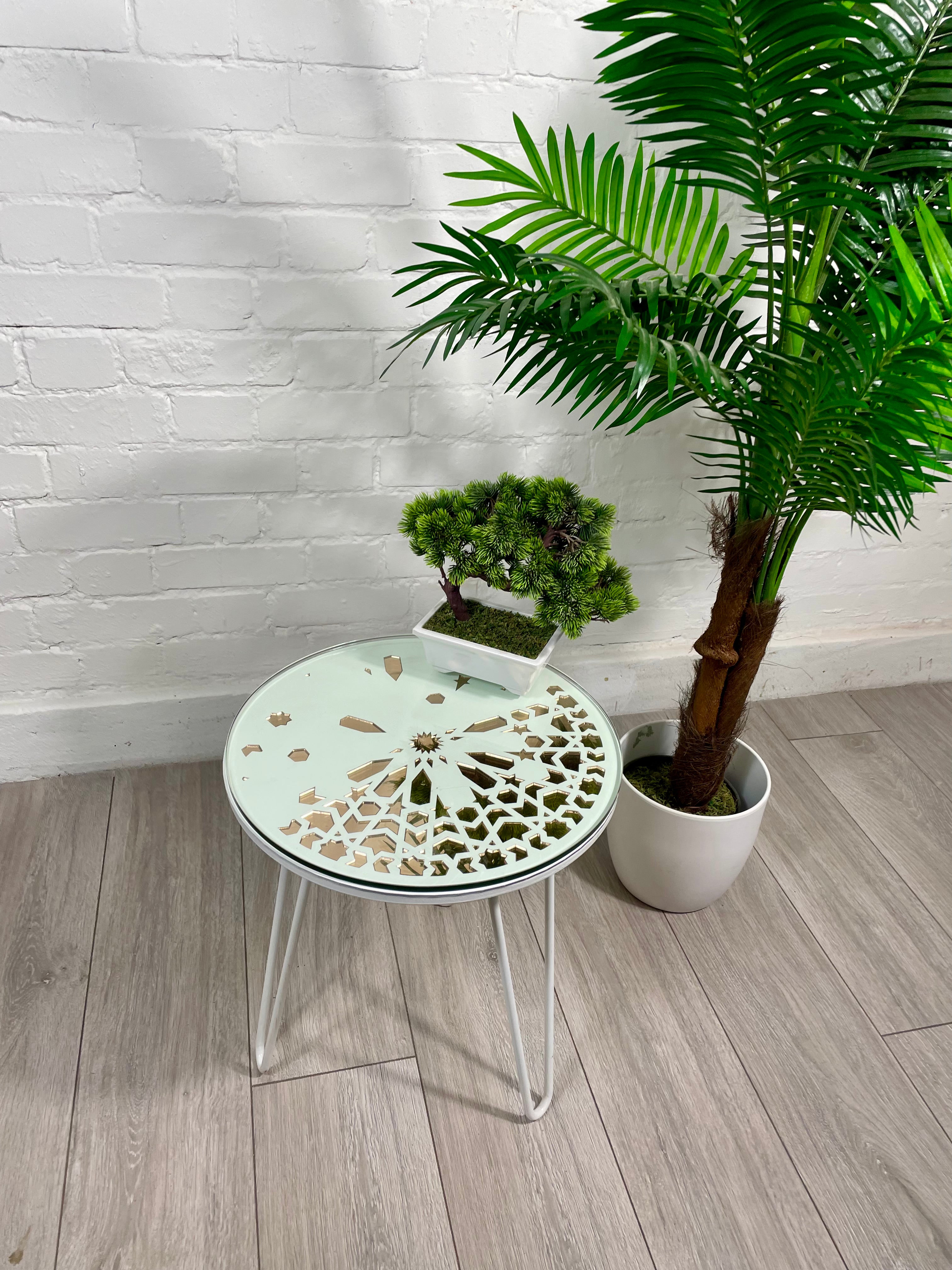 Moroccan Mosaic Side Table Pin Legs Zellige Table  With Rose Gold Mirror Inlays