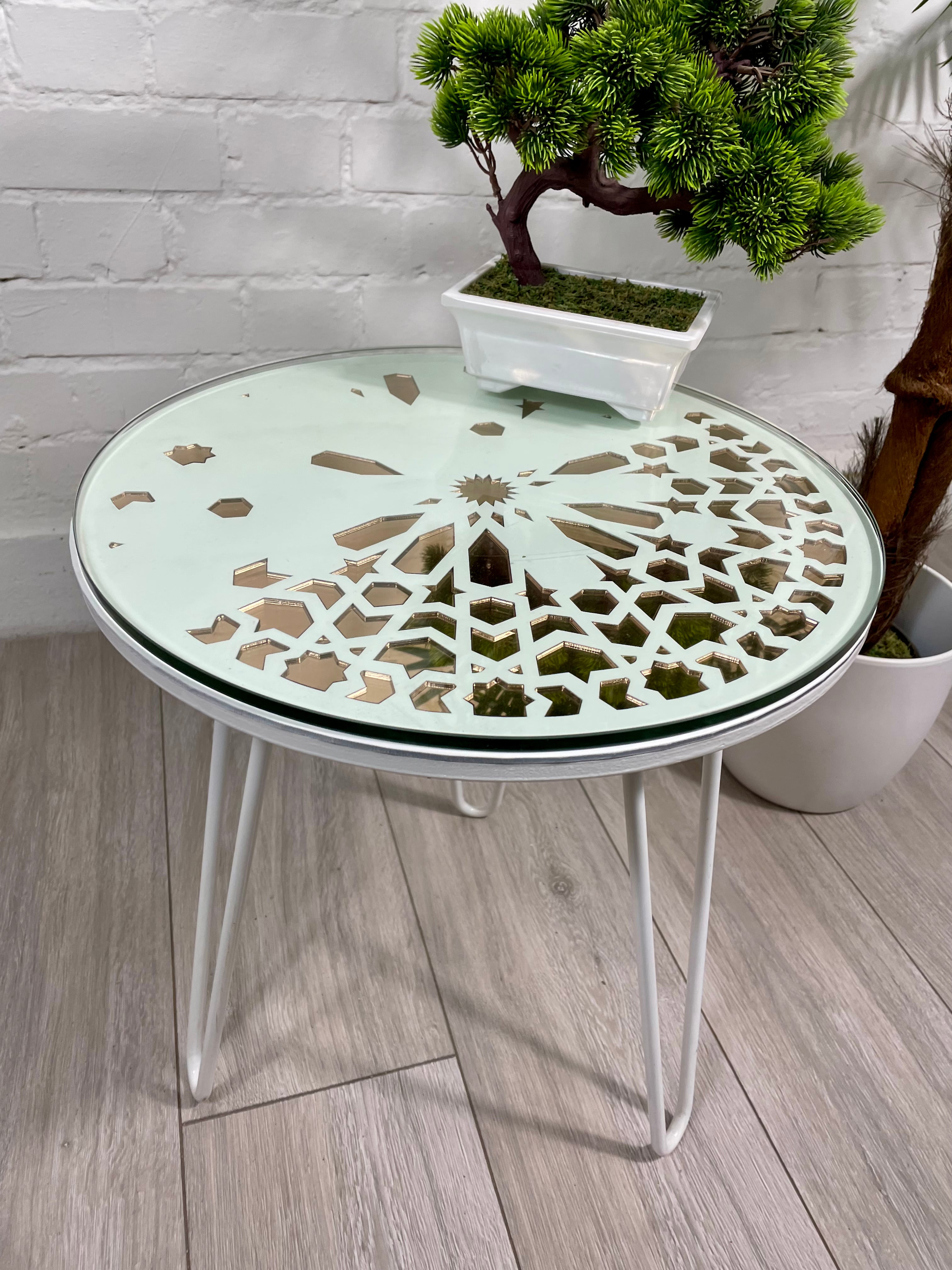 Moroccan Mosaic Side Table Pin Legs Zellige Table  With Rose Gold Mirror Inlays