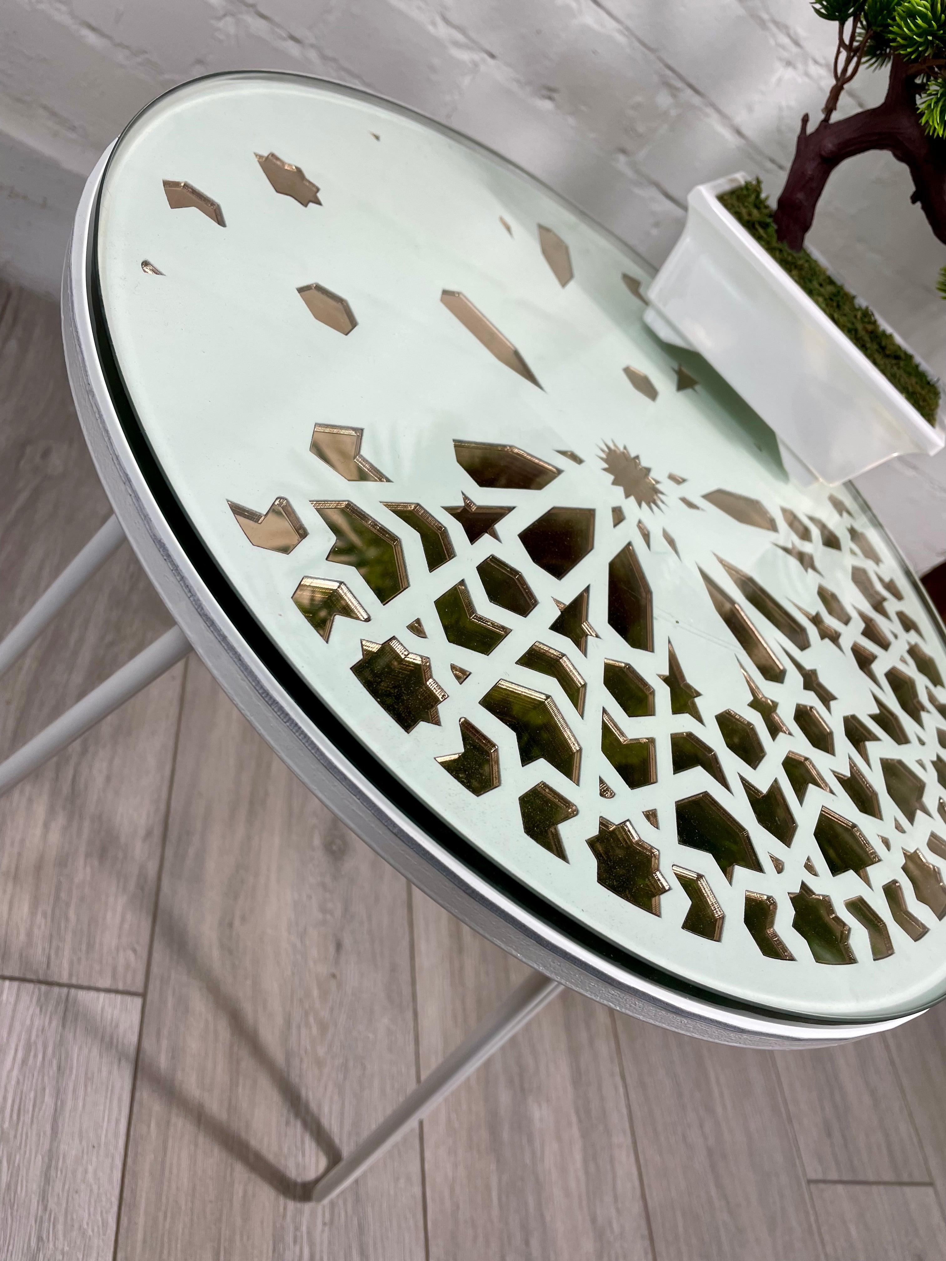 Moroccan Mosaic Side Table Pin Legs Zellige Table  With Rose Gold Mirror Inlays