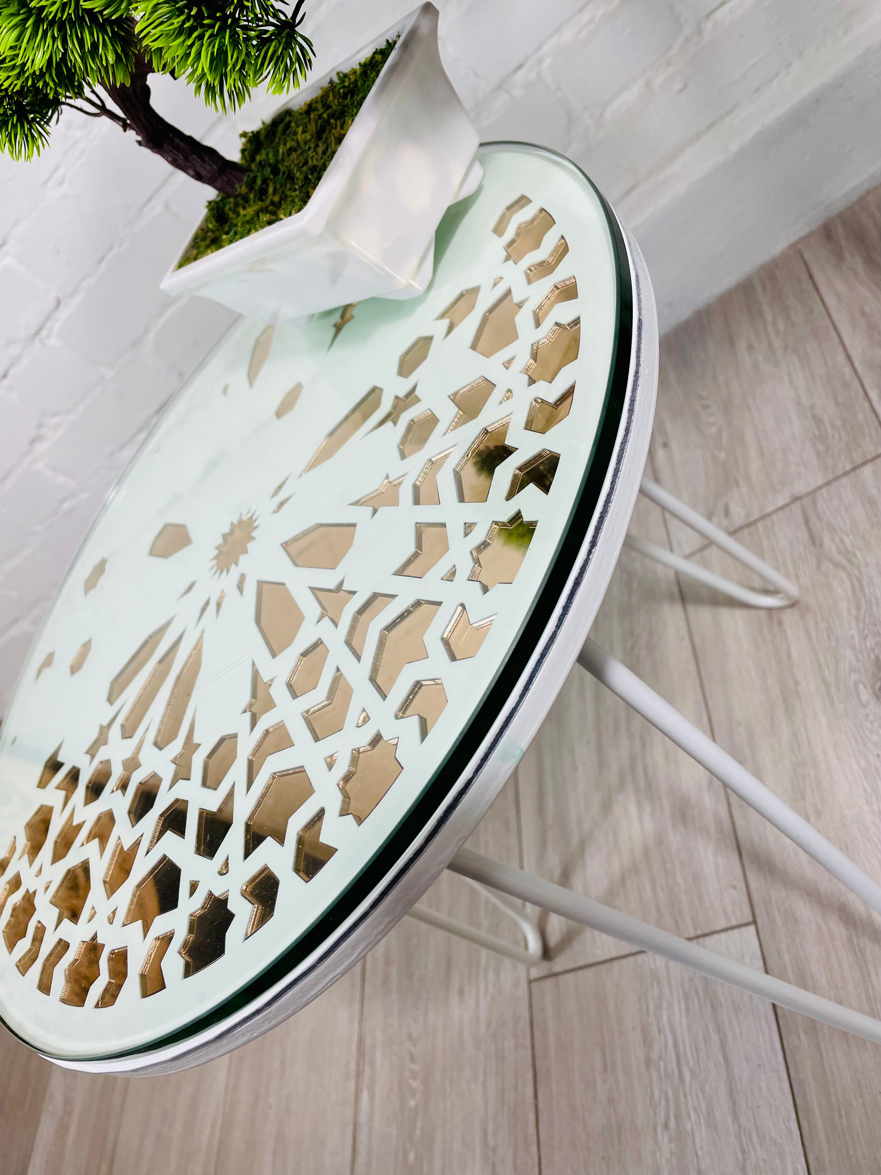 Moroccan Mosaic Side Table Pin Legs Zellige Table  With Rose Gold Mirror Inlays