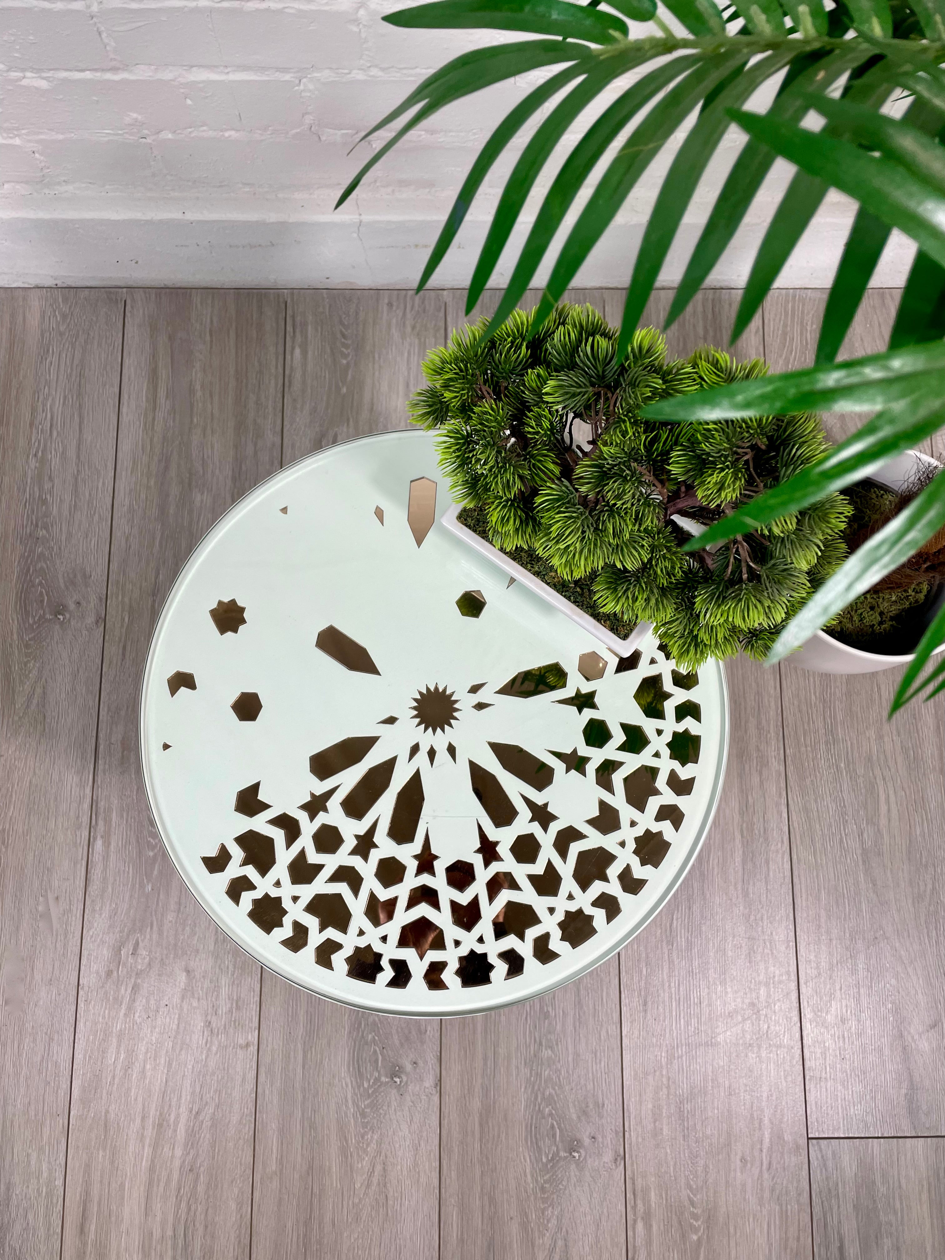 Moroccan Mosaic Side Table Pin Legs Zellige Table  With Rose Gold Mirror Inlays