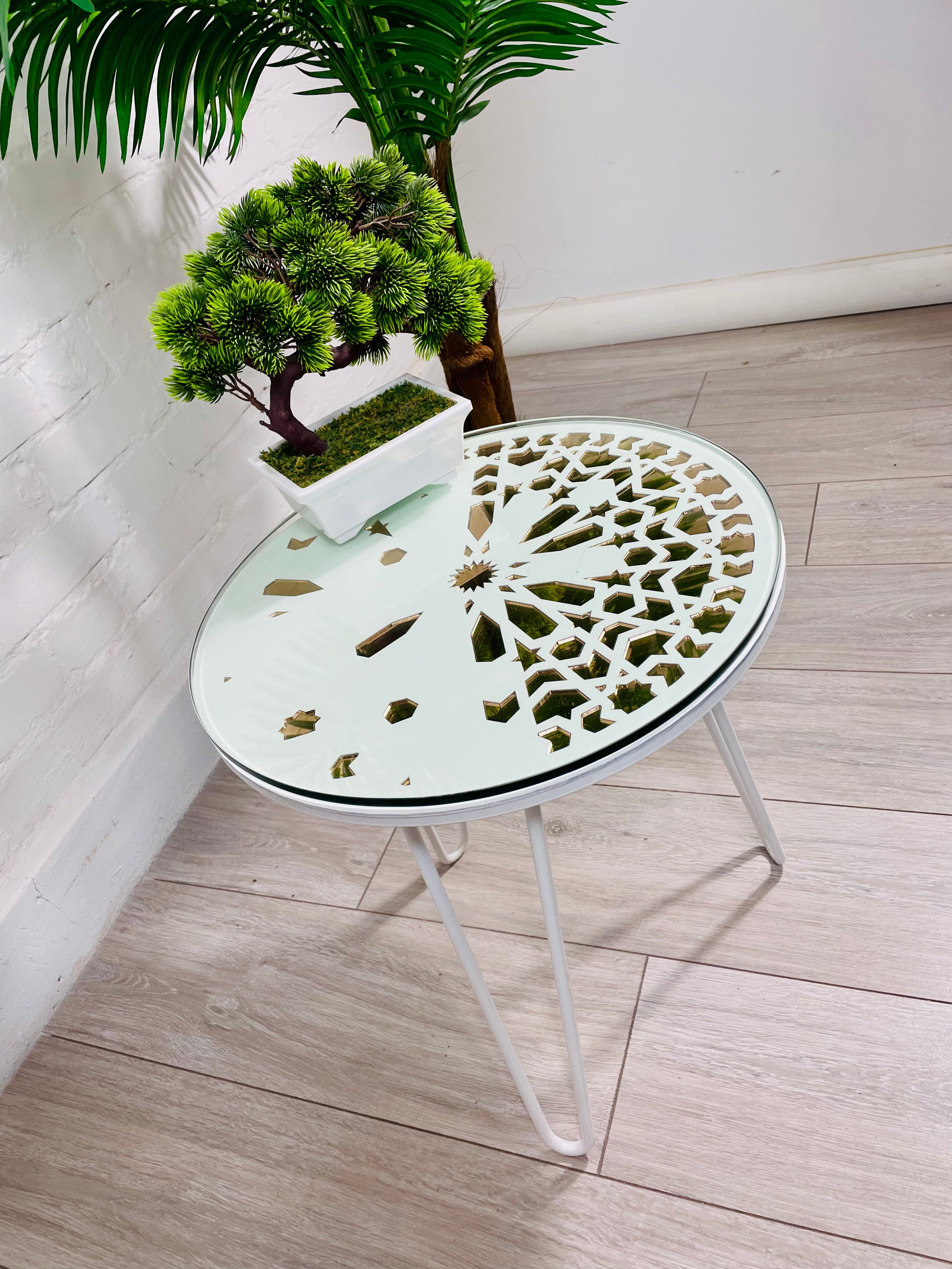 Moroccan Mosaic Side Table Pin Legs Zellige Table  With Rose Gold Mirror Inlays