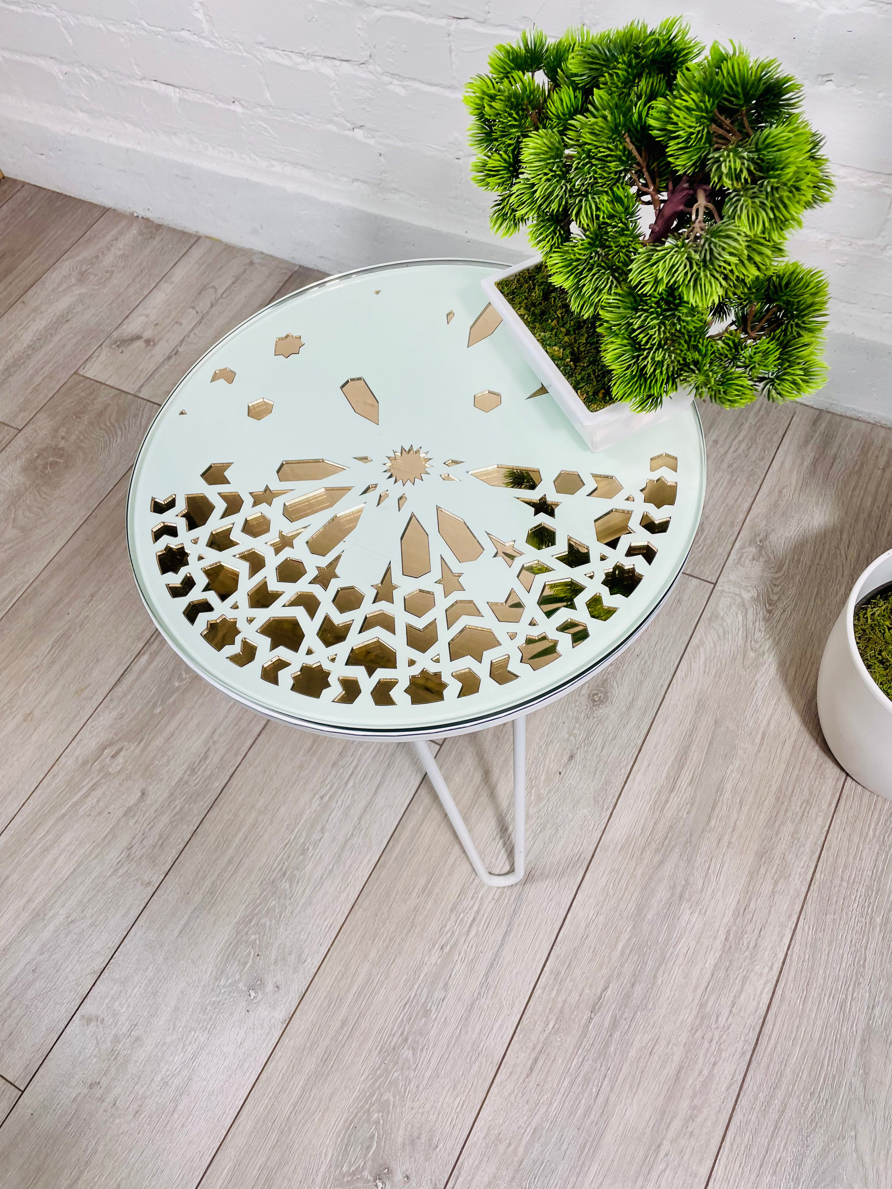 Moroccan Mosaic Side Table Pin Legs Zellige Table  With Rose Gold Mirror Inlays