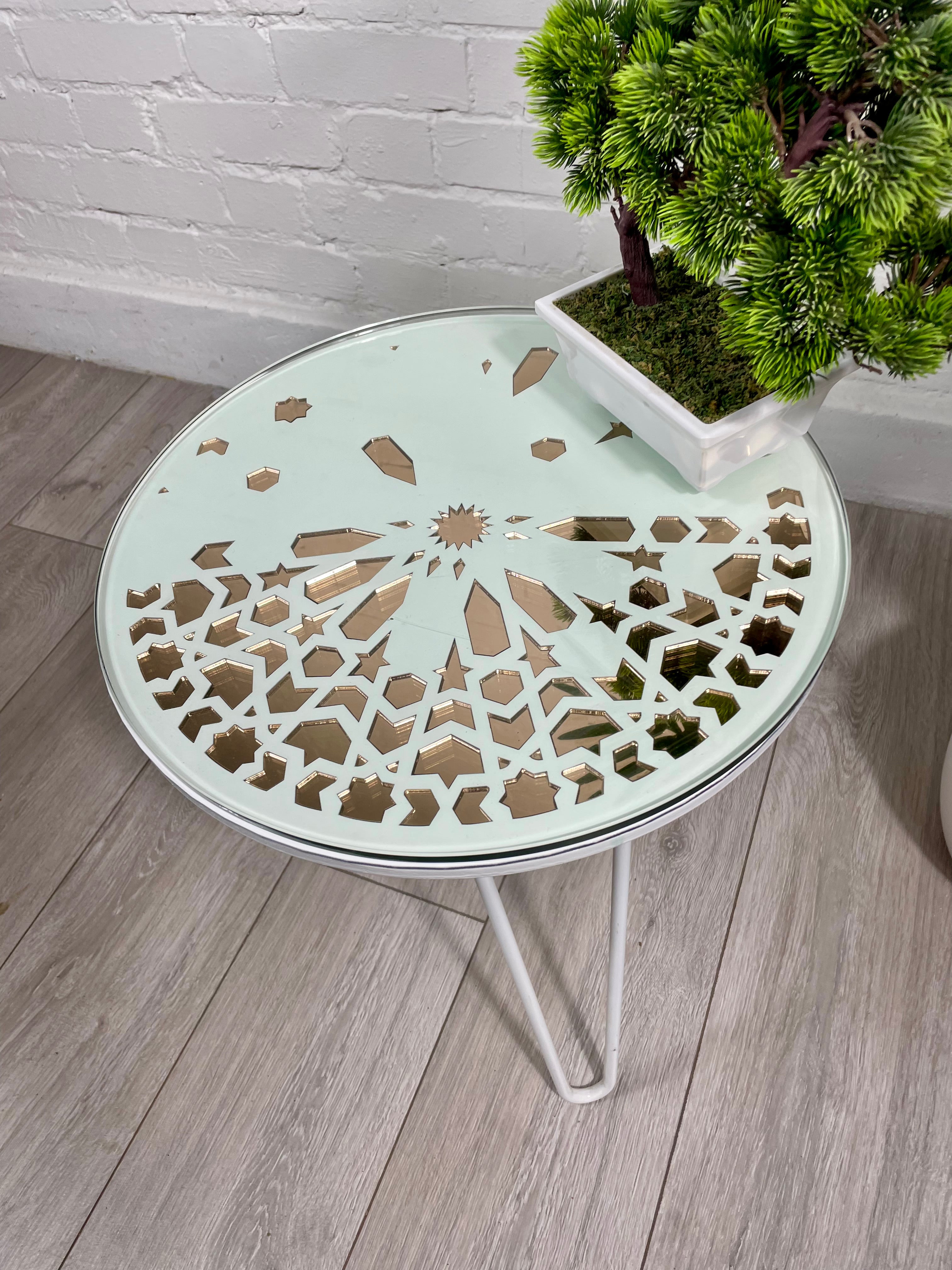 Moroccan Mosaic Side Table Pin Legs Zellige Table  With Rose Gold Mirror Inlays