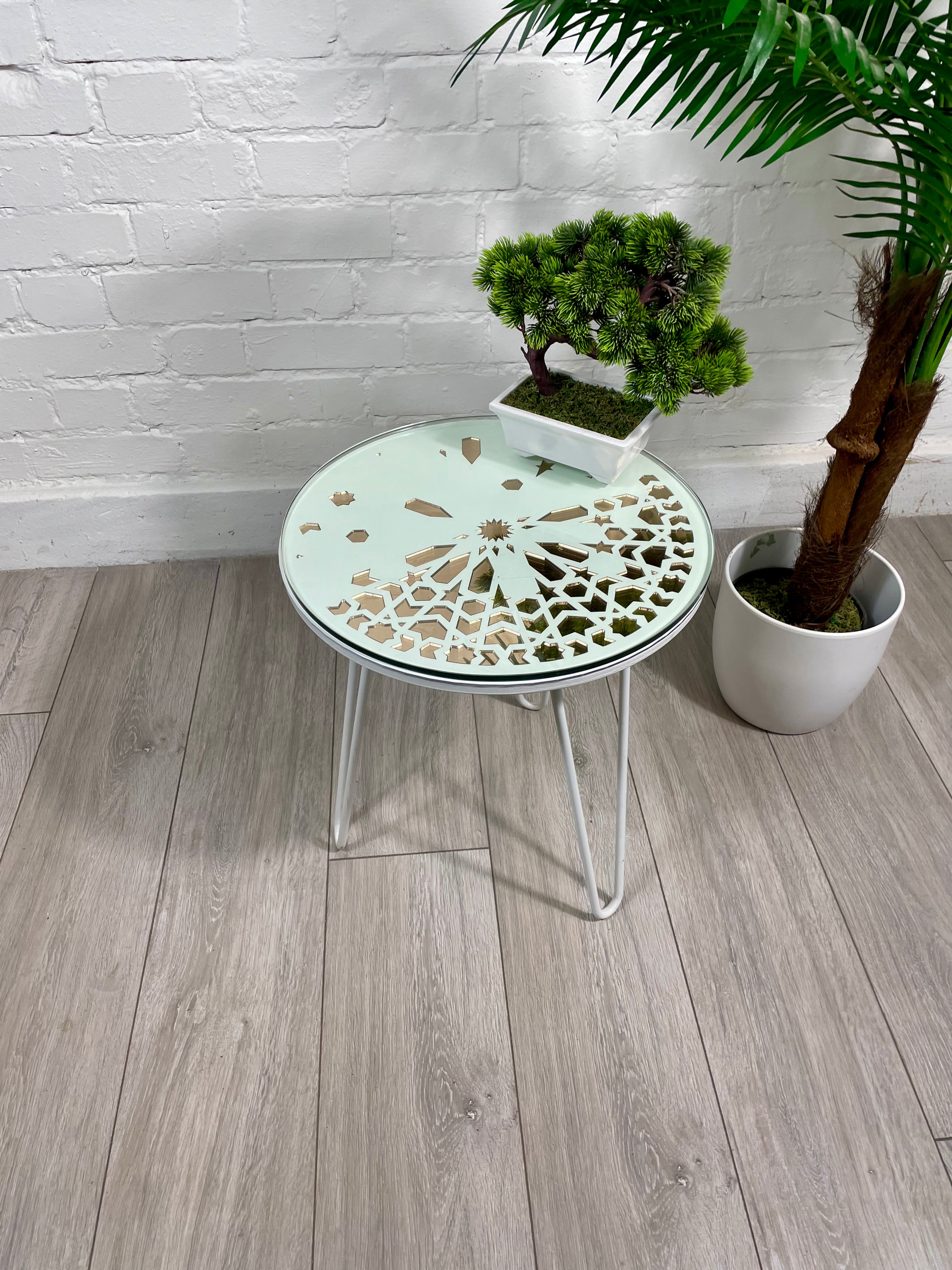 Moroccan Mosaic Side Table Pin Legs Zellige Table  With Rose Gold Mirror Inlays