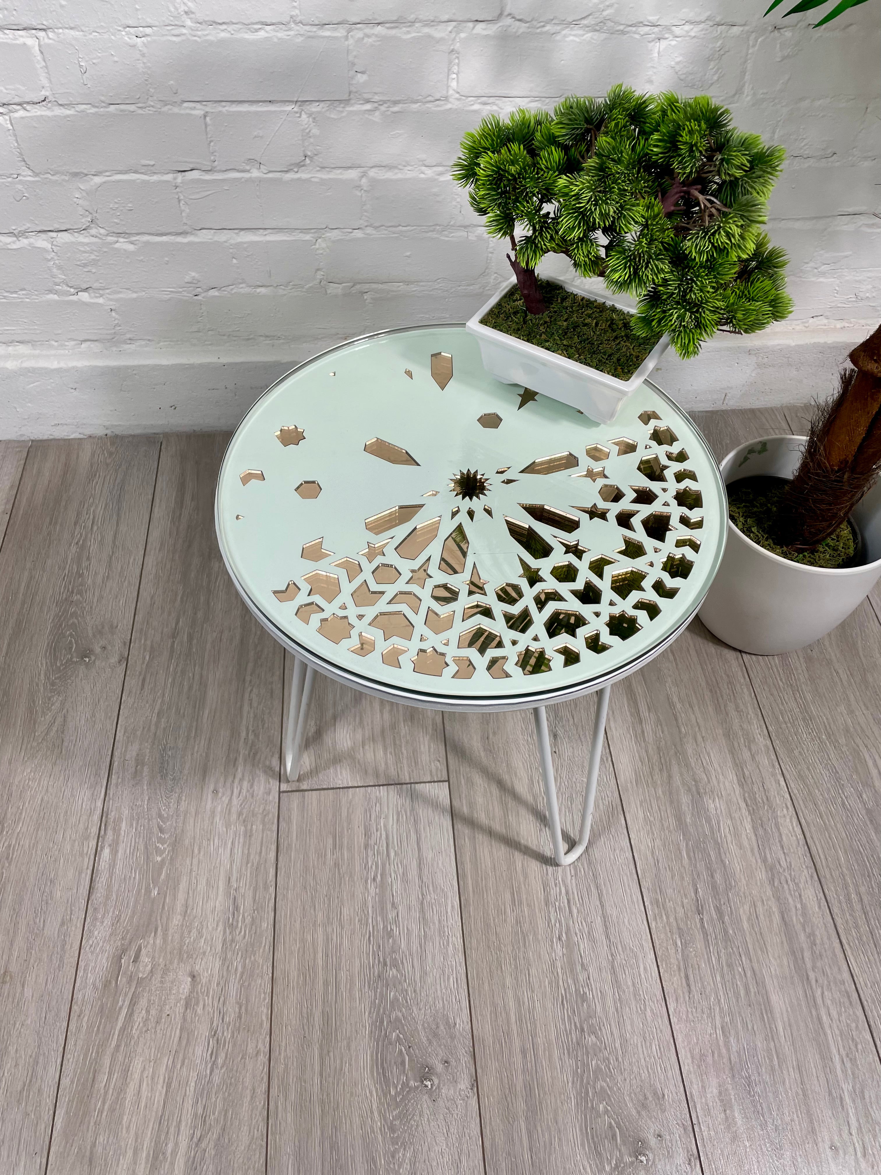 Moroccan Mosaic Side Table Pin Legs Zellige Table  With Rose Gold Mirror Inlays