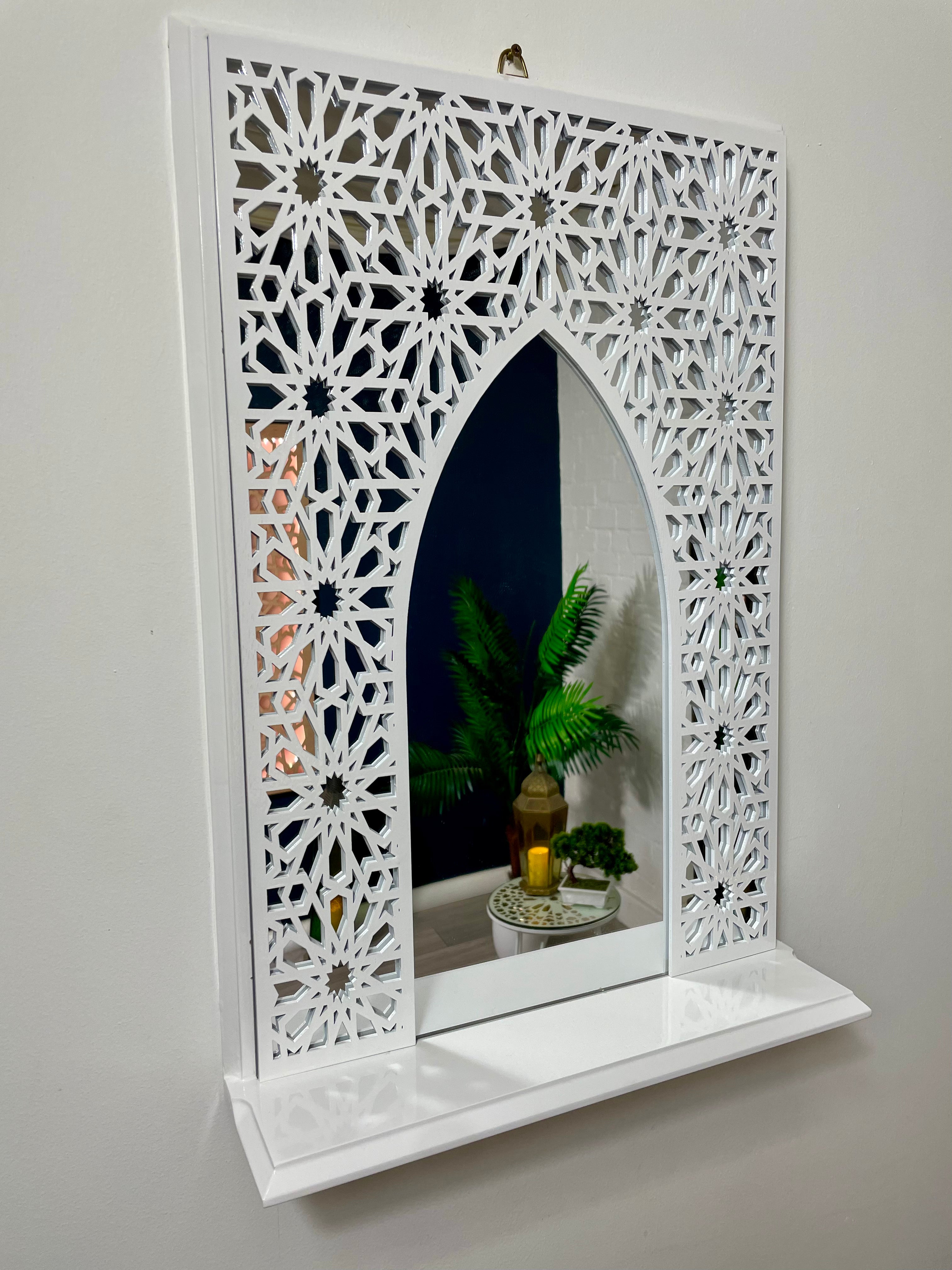 White Moroccan Arch Mirror Shelf with Acrylic Mirror Safe for Kids Room