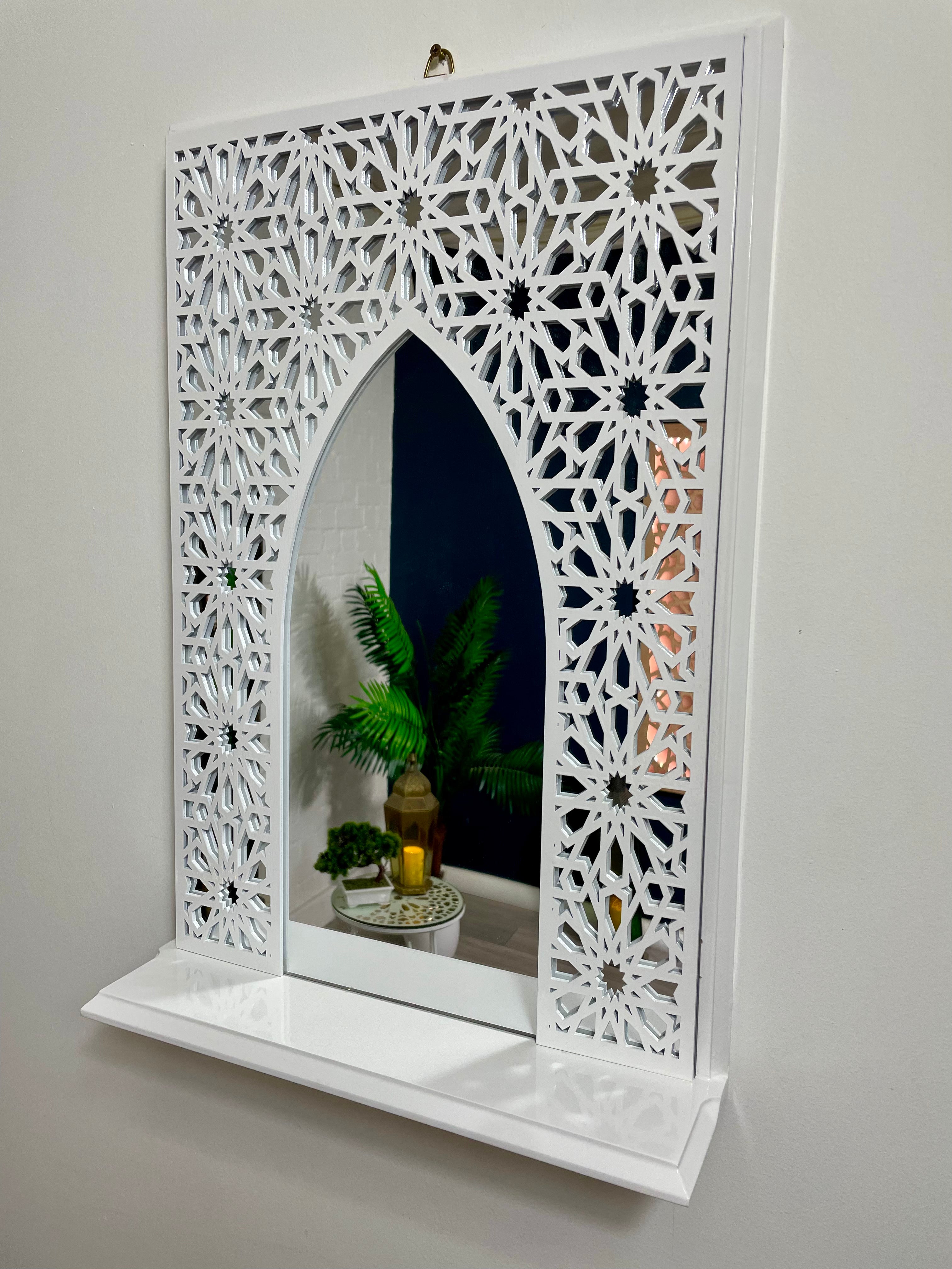 White Moroccan Arch Mirror Shelf  with Acrylic Mirror Safe for Kids Room