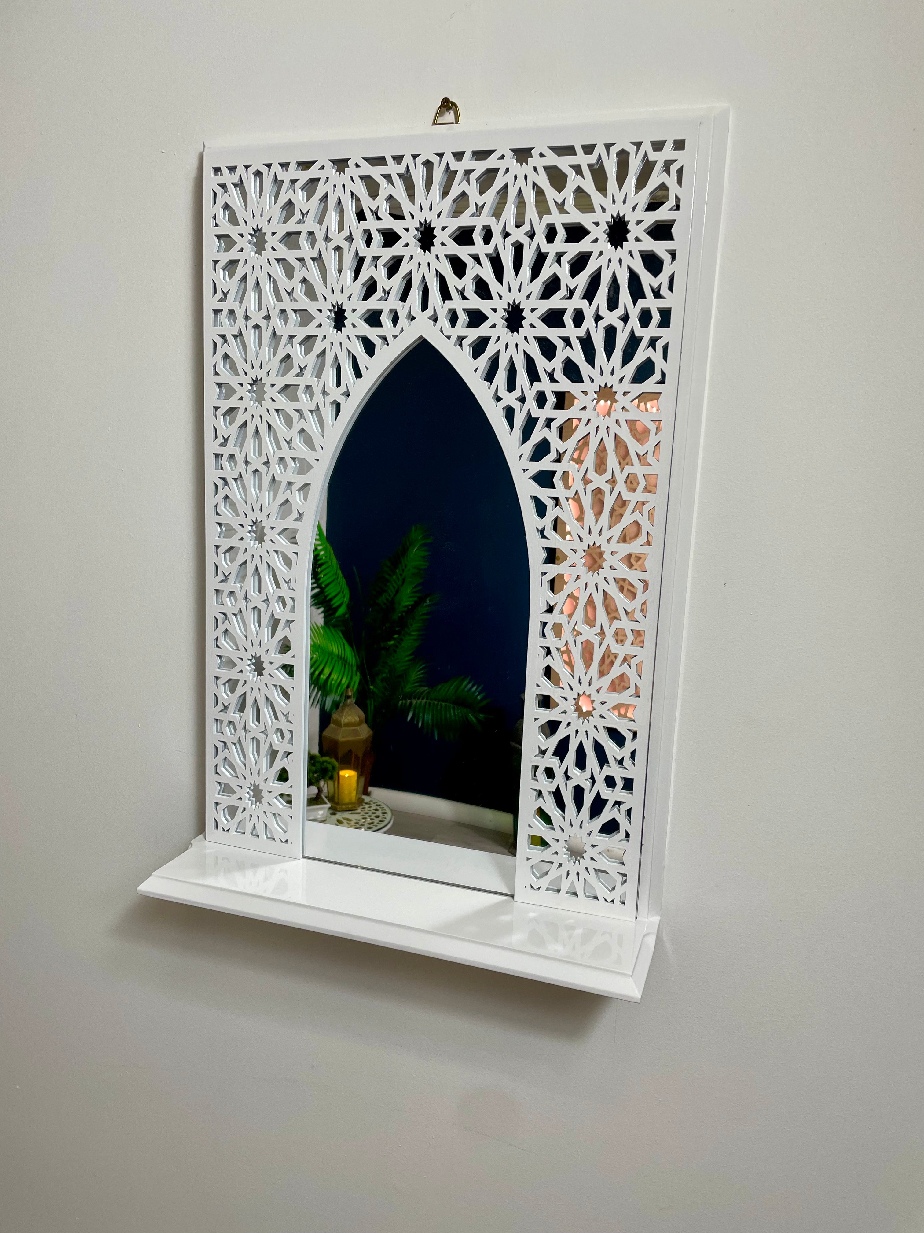 White Moroccan Arch Mirror Shelf with Acrylic Mirror Safe for Kids Room