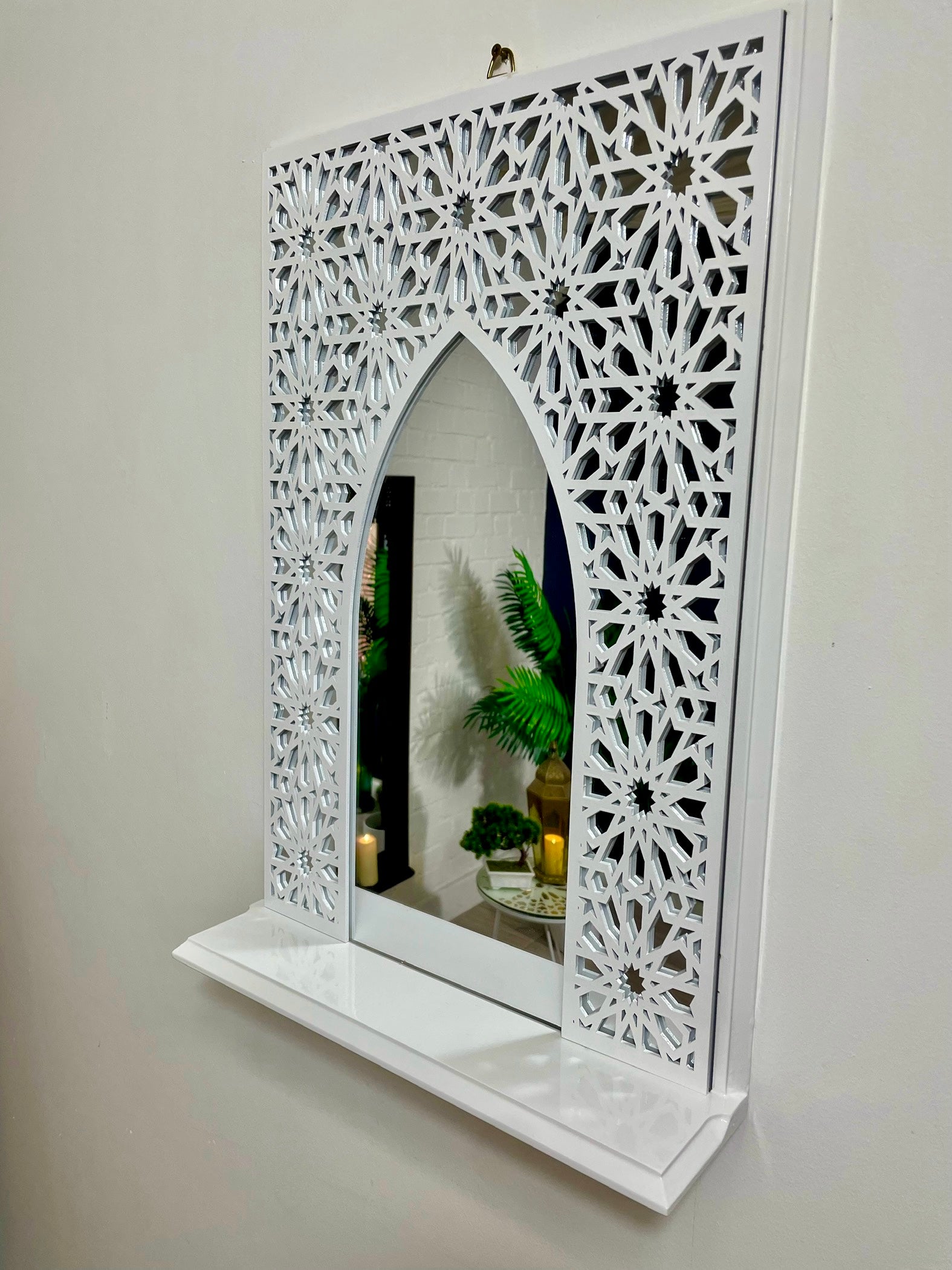 White Moroccan Arch Mirror Shelf with Acrylic Mirror Safe for Kids Room