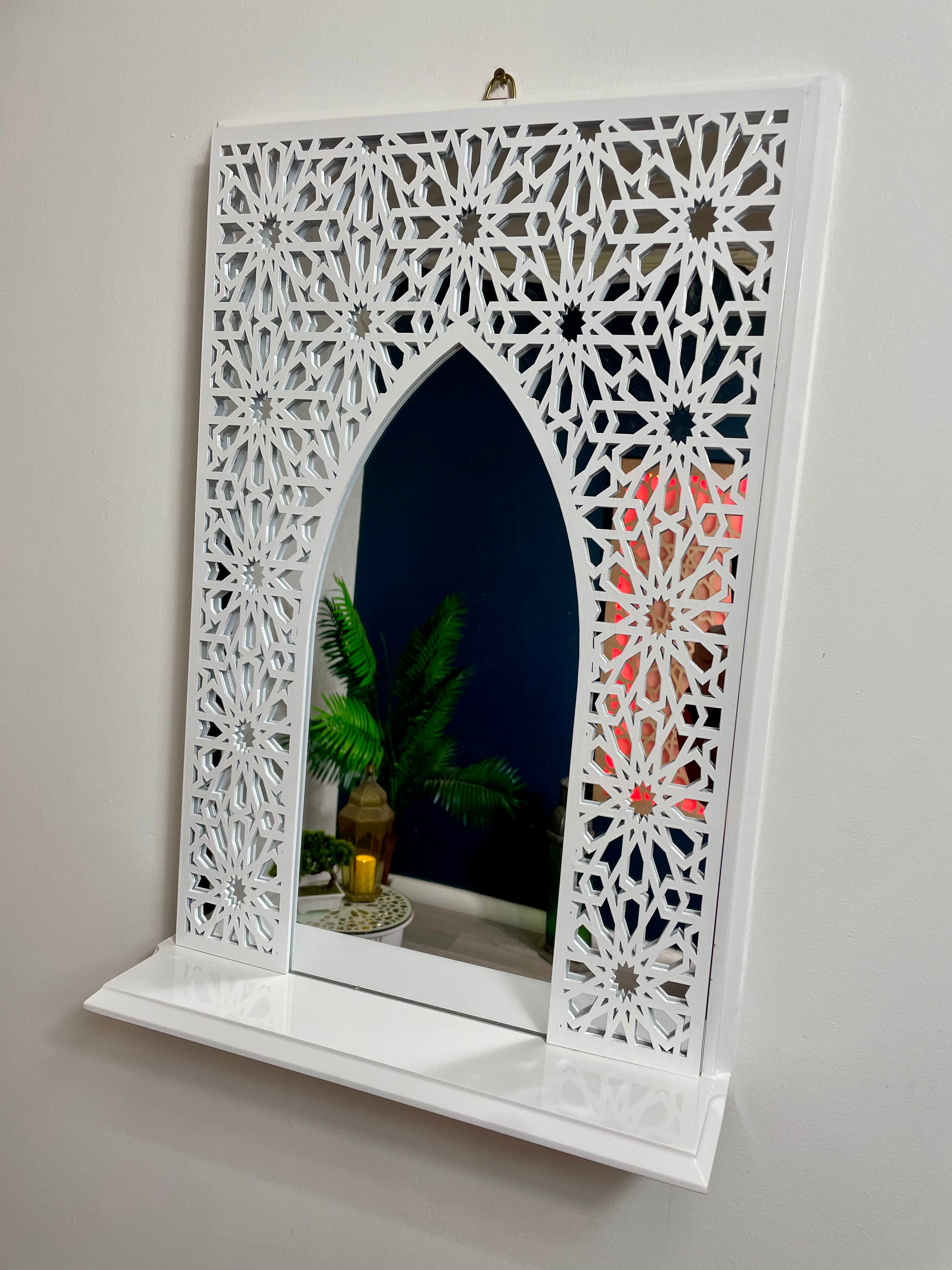 White Moroccan Arch Mirror Shelf with Acrylic Mirror Safe for Kids Room