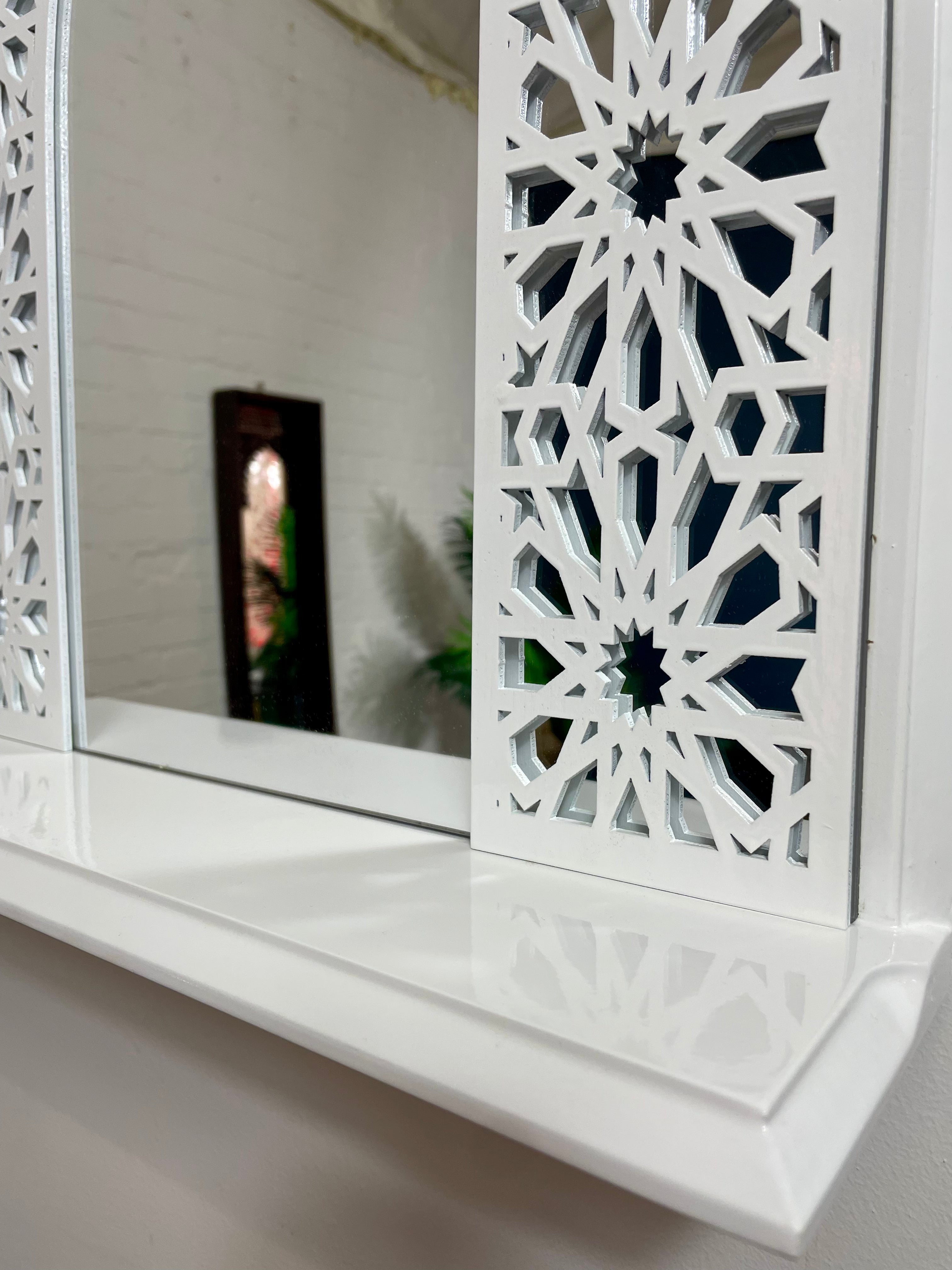 White Moroccan Arch Mirror Shelf with Acrylic Mirror Safe for Kids Room