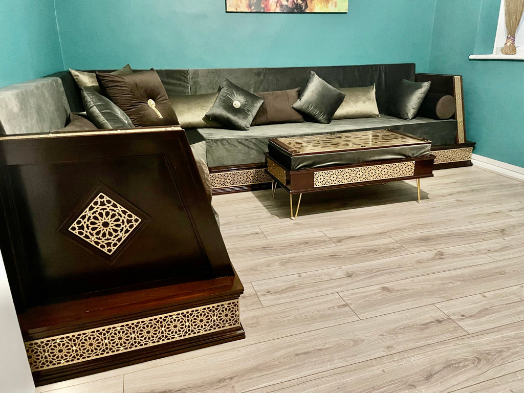 L Shape Moroccan sofa Armrest In Antique Gold & Dark Walnut
