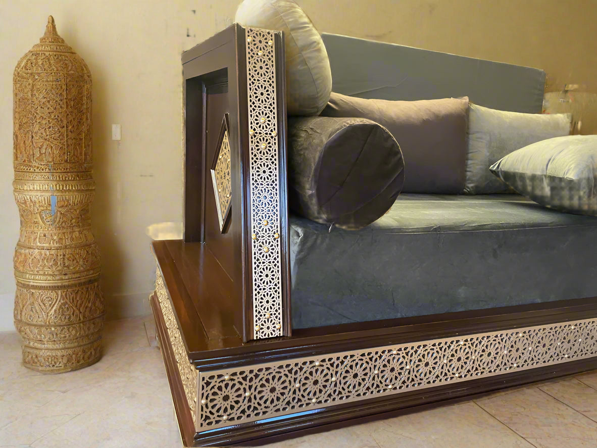 L Shape Moroccan sofa Armrest In Antique Gold & Dark Walnut