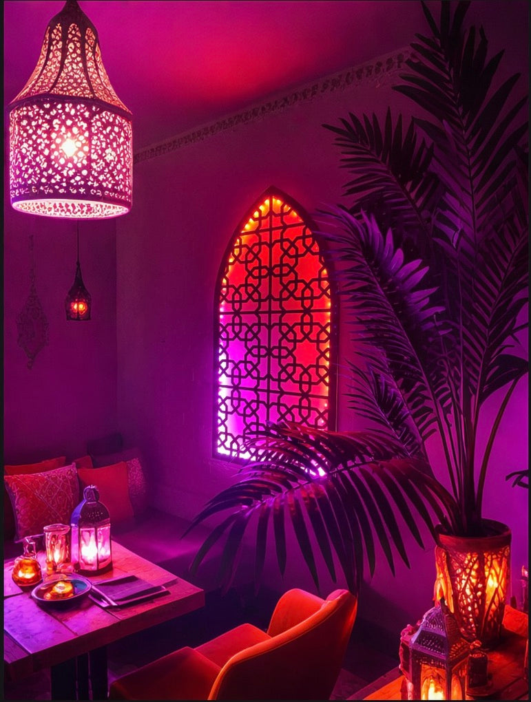 Arched Moroccan decorative panel fitted with Sound Sync LED Strips.