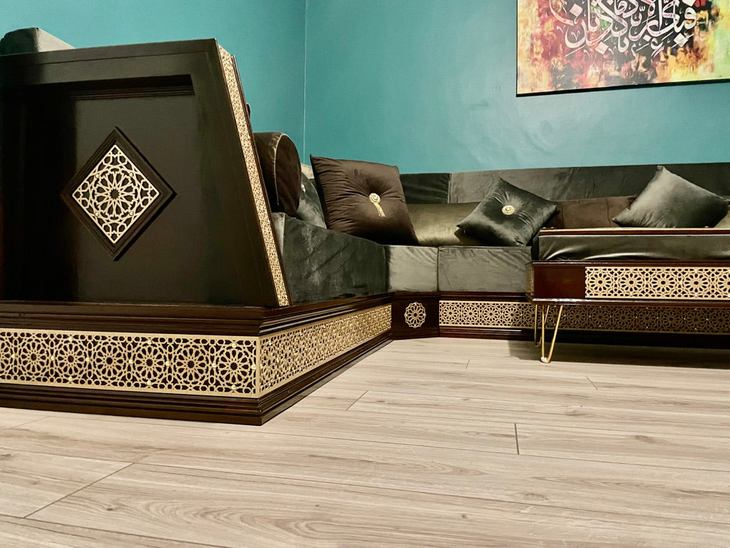 L Shape Moroccan sofa Armrest In Antique Gold & Dark Walnut