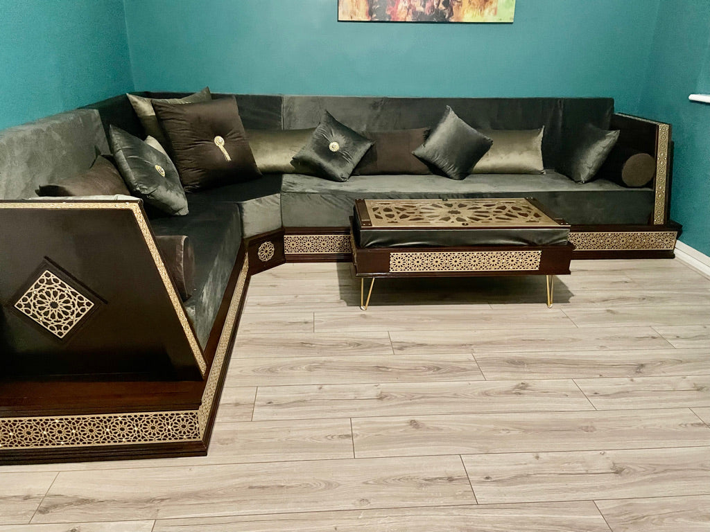 L Shape Moroccan sofa Armrest In Antique Gold & Dark Walnut