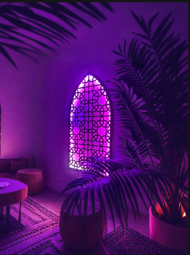 Arched Moroccan decorative panel fitted with Sound Sync LED Strips.