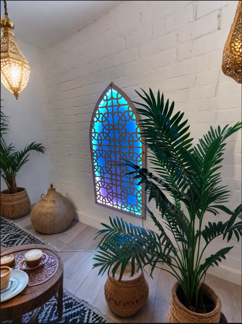 Arched Moroccan decorative panel fitted with Sound Sync LED Strips.