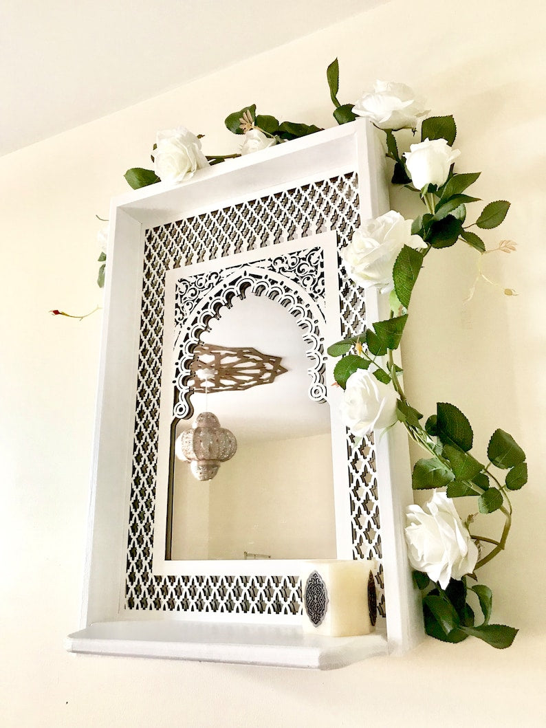 Moroccan Mirror In White Boho Style With Fretwork and shelf