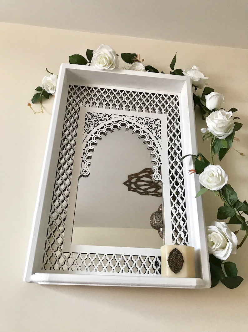 Moroccan Mirror In White Boho Style With Fretwork and shelf