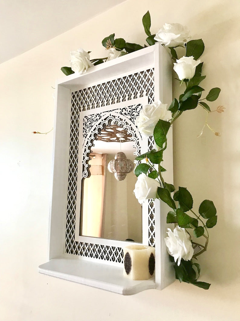 Moroccan Mirror In White Boho Style With Fretwork and shelf