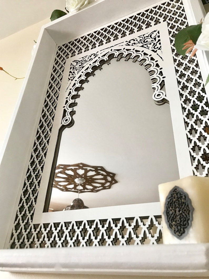 Moroccan Mirror In White Boho Style With Fretwork and shelf