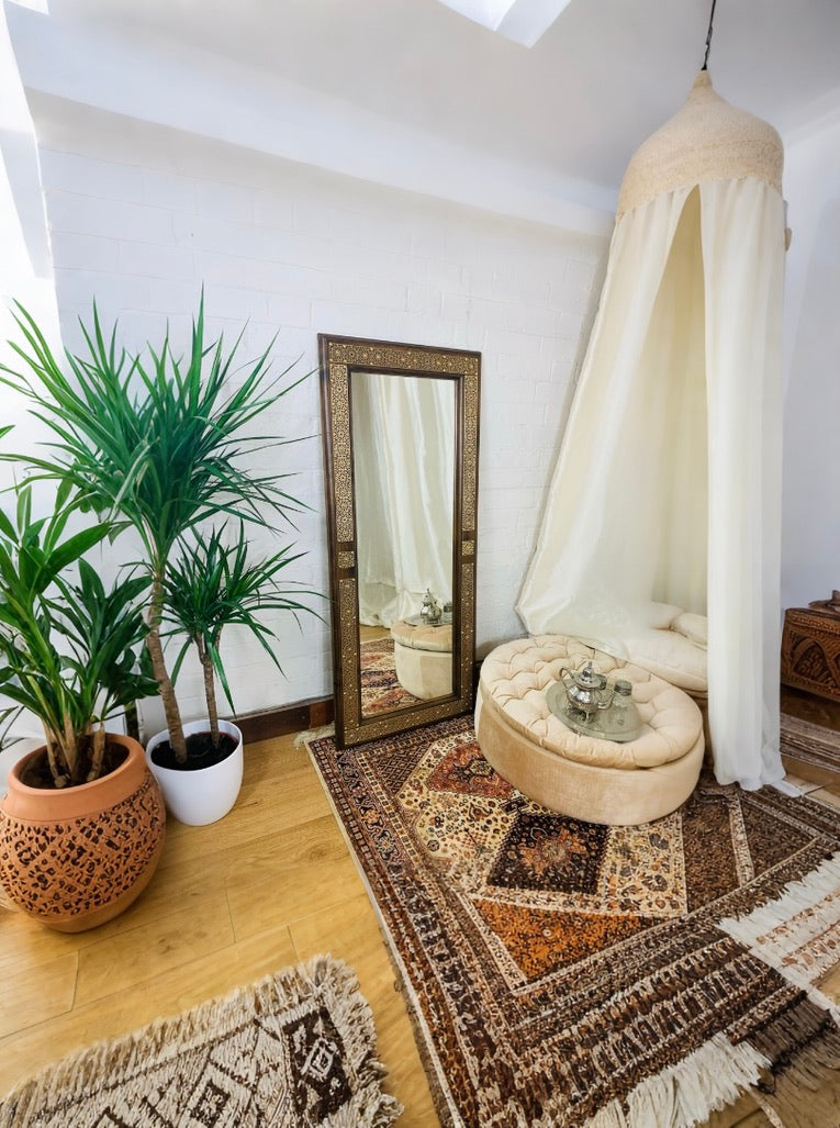 Moroccan Inspired floor mirror in Walnut and Antique Gold Finish