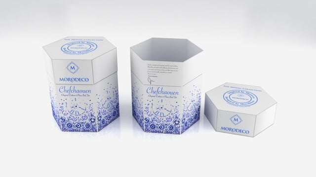 A Moroccan storage box In Hexagon storage box with a blue scattered pattern 