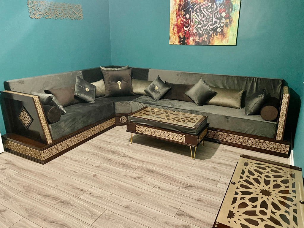 L Shape Moroccan sofa Armrest In Antique Gold & Dark Walnut 