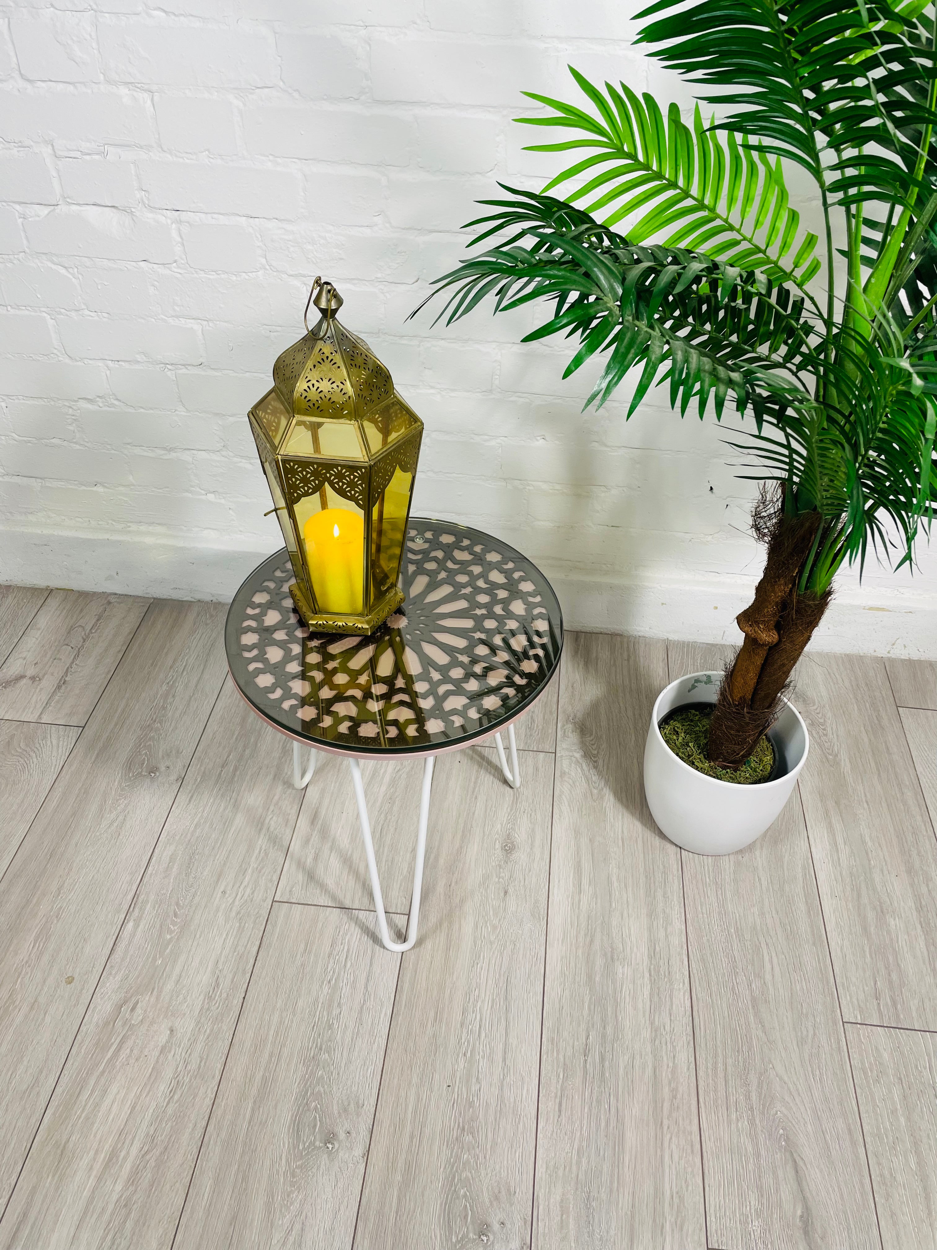 Moroccan Mosaic Side Table Pin Legs, Zellige Table In Pastel Dusty Pink And Walnut Wood stain with Glass Top