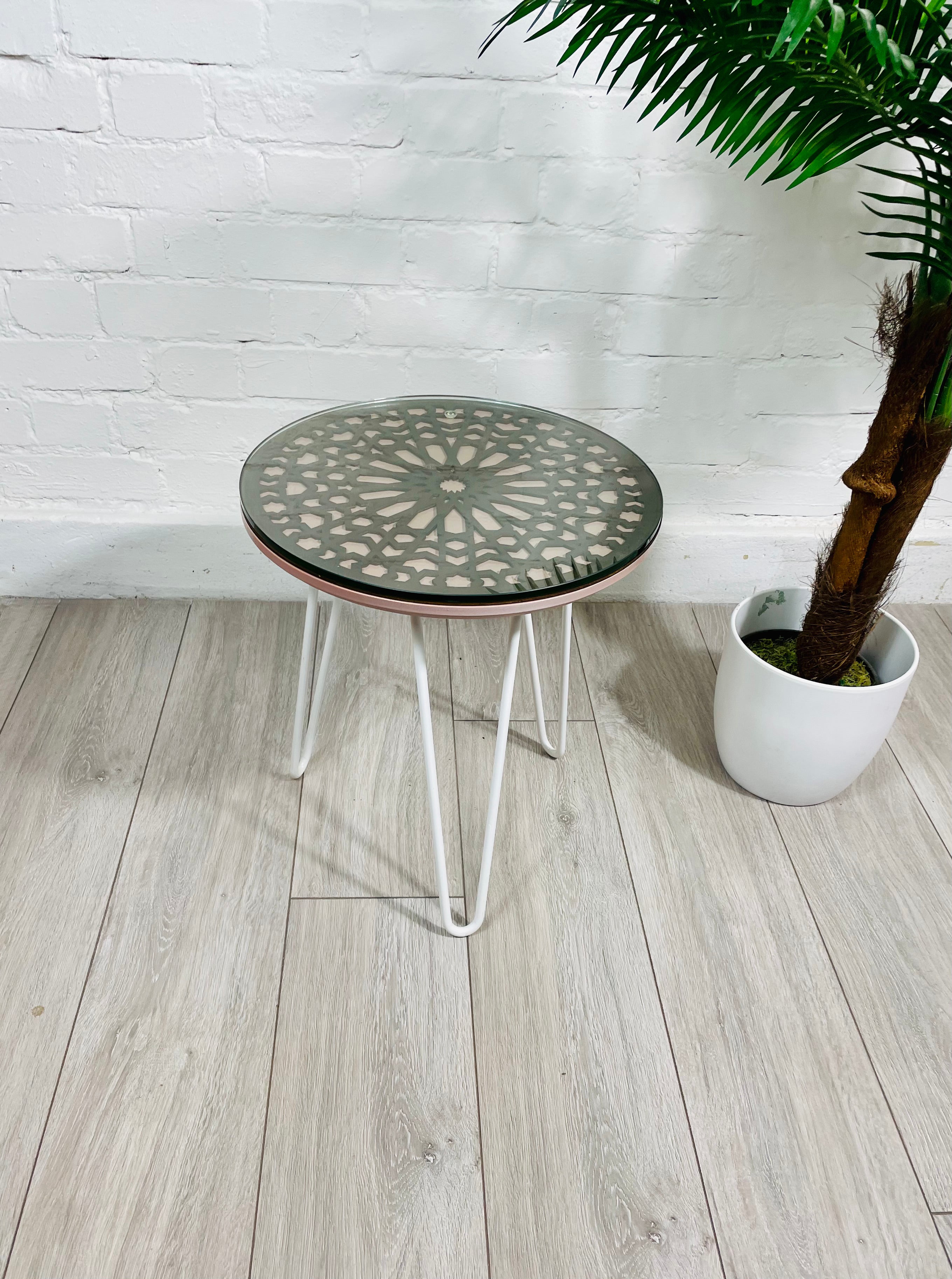 Moroccan Mosaic Side Table Pin Legs, Zellige Table In Pastel Dusty Pink And Walnut Wood stain with Glass Top