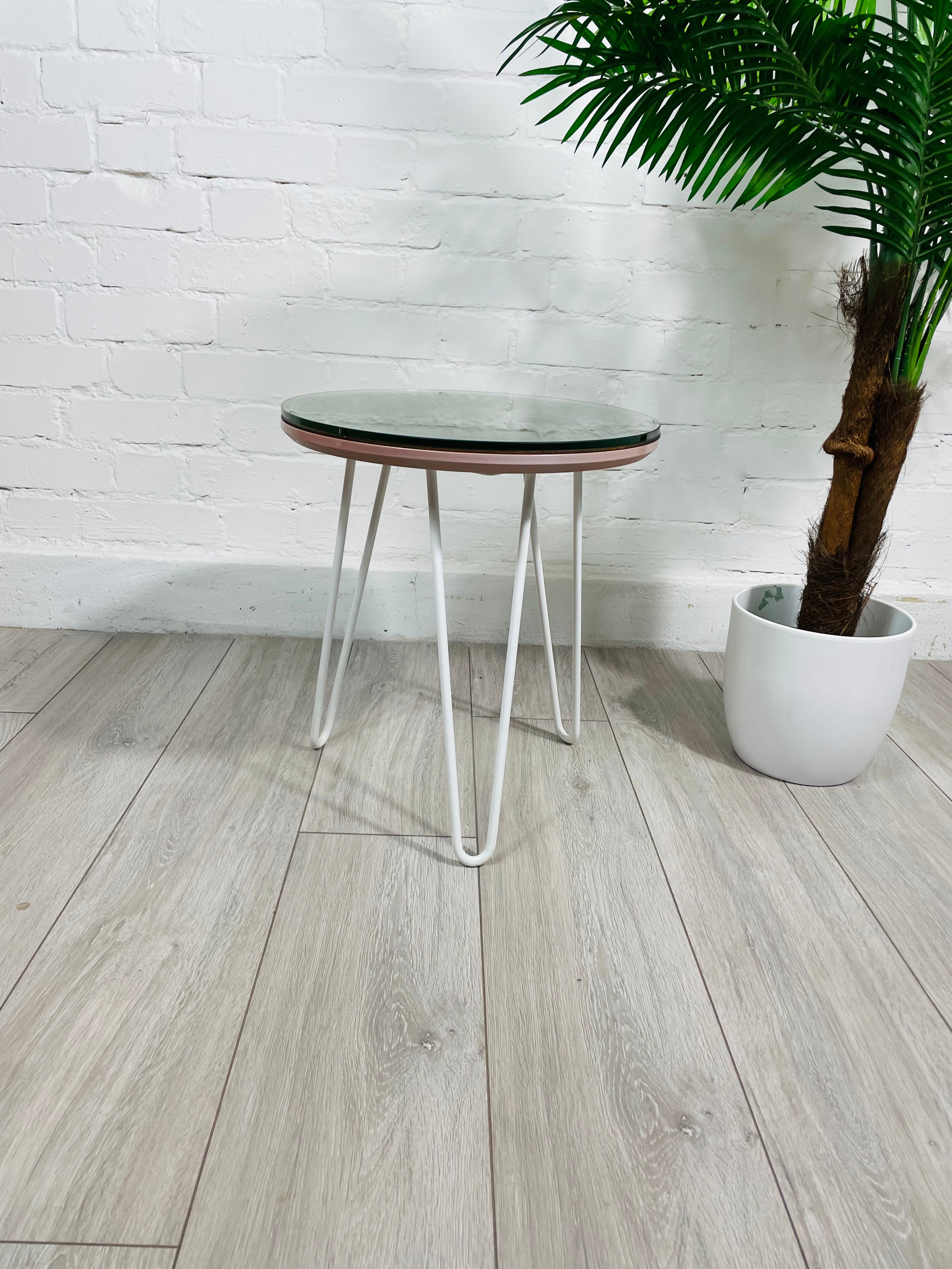 Moroccan Mosaic Side Table Pin Legs, Zellige Table In Pastel Dusty Pink And Walnut Wood stain with Glass Top