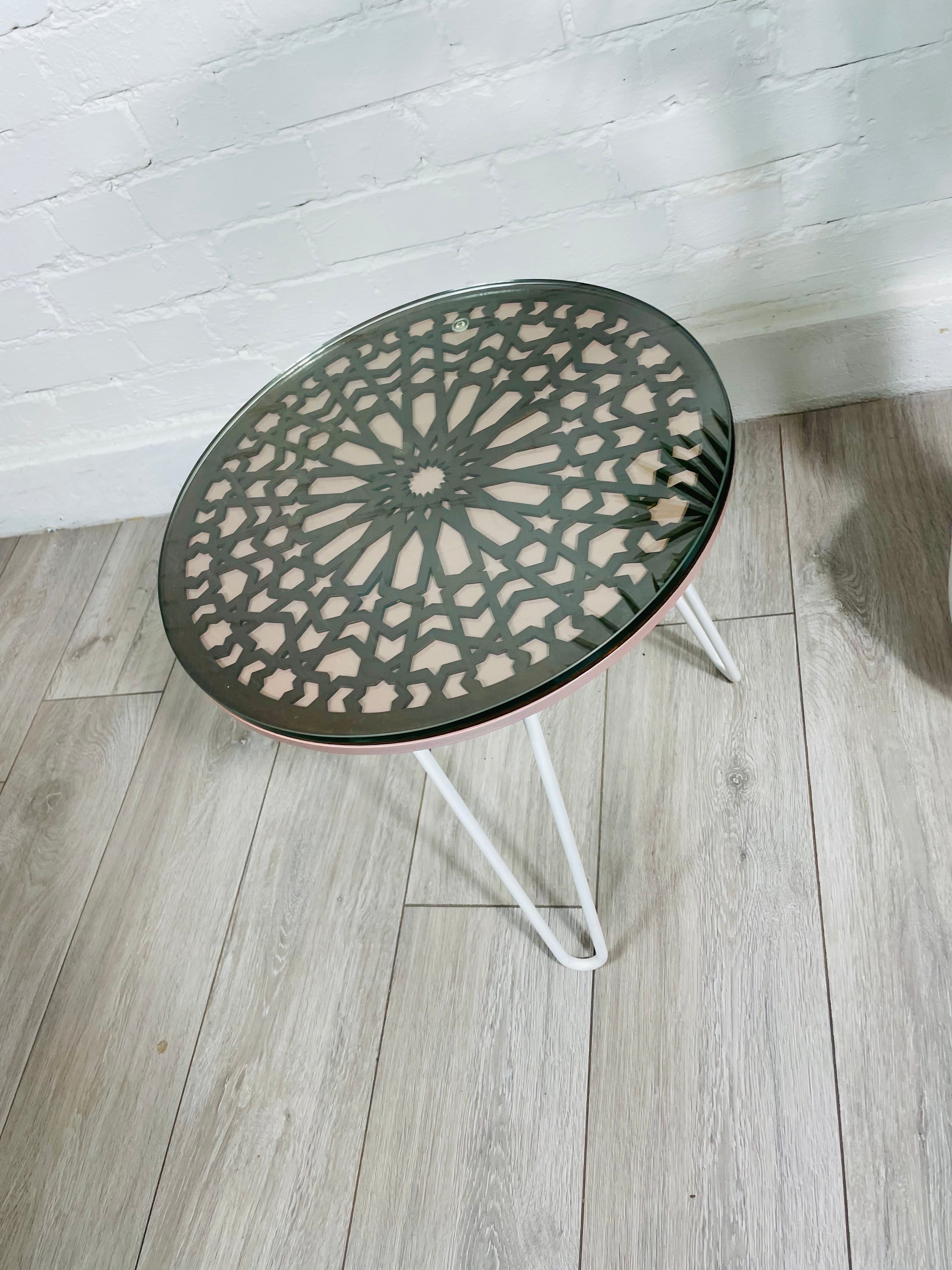 Moroccan Mosaic Side Table Pin Legs, Zellige Table In Pastel Dusty Pink And Walnut Wood stain with Glass Top