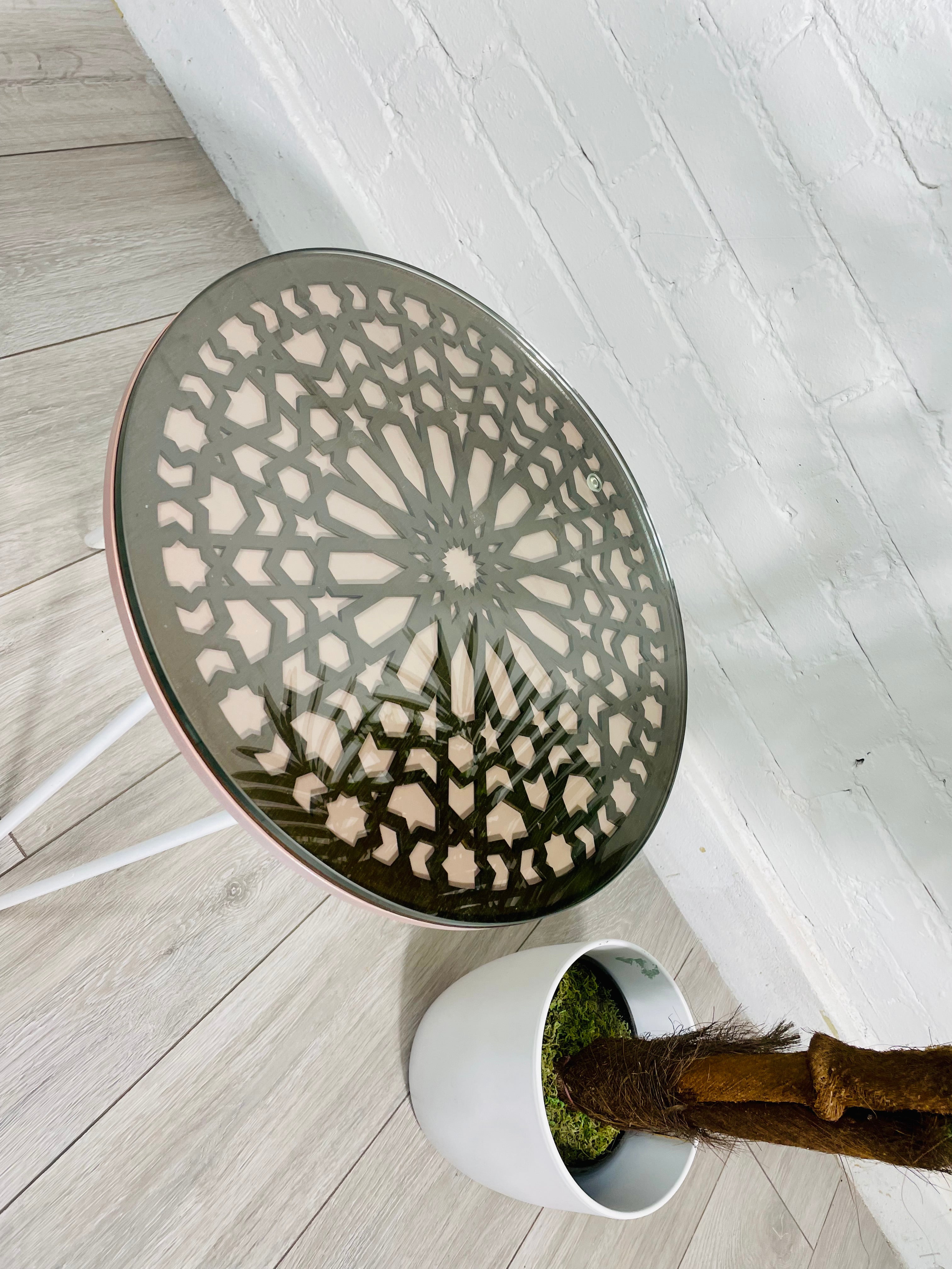 Moroccan Mosaic Side Table Pin Legs, Zellige Table In Pastel Dusty Pink And Walnut Wood stain with Glass Top