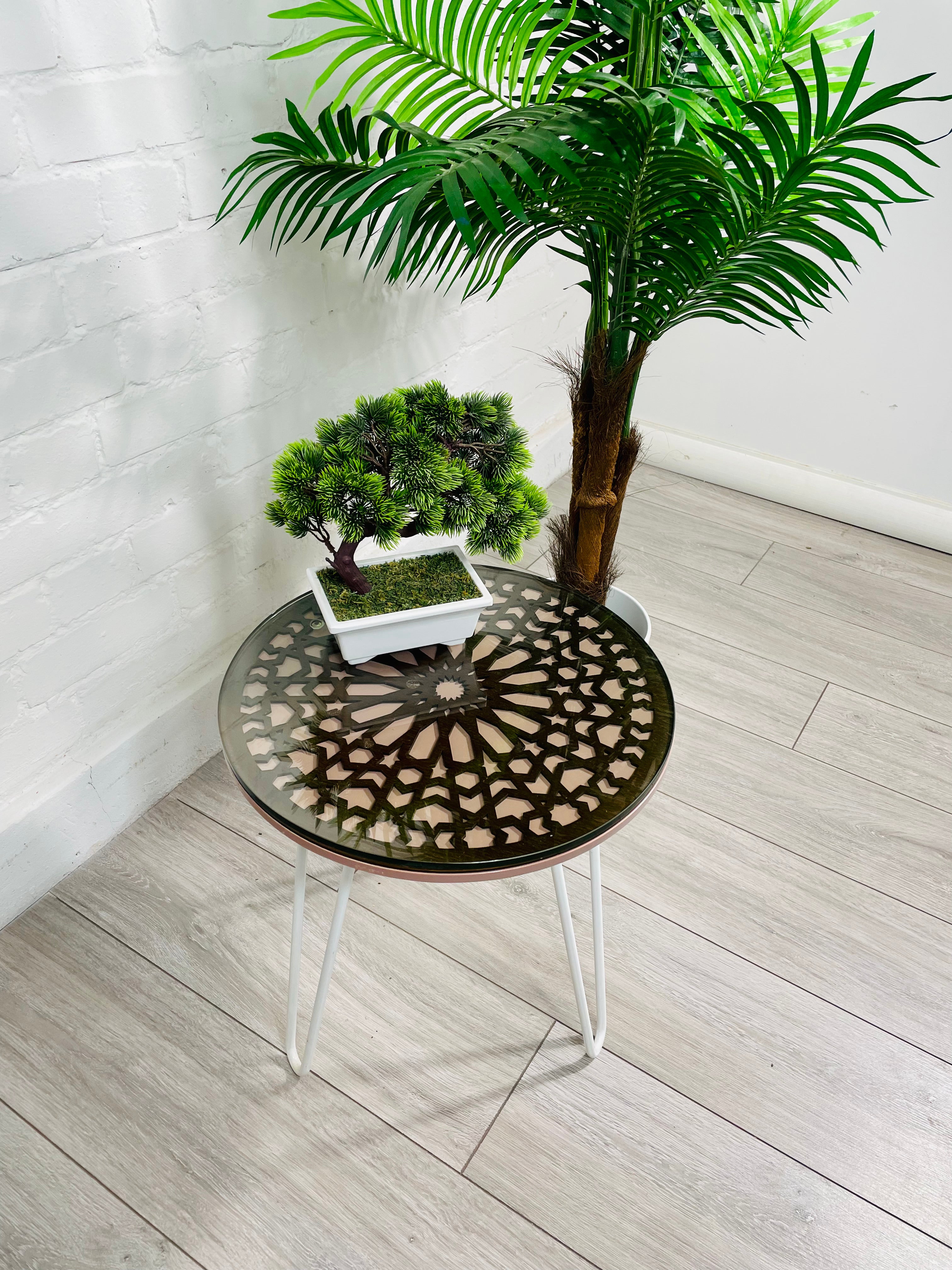 Moroccan Mosaic Side Table Pin Legs, Zellige Table In Pastel Dusty Pink And Walnut Wood stain with Glass Top