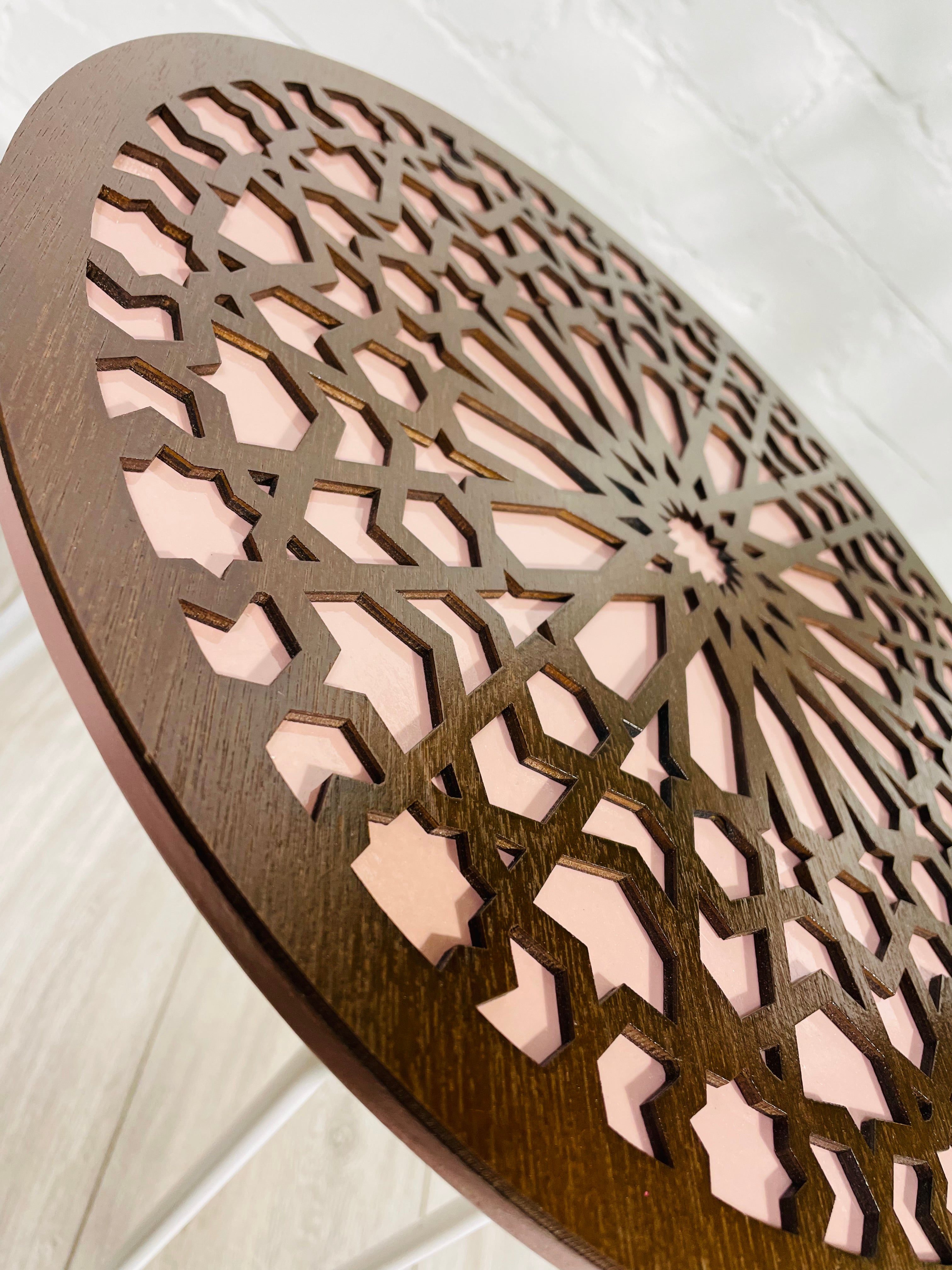 Moroccan Mosaic Side Table Pin Legs, Zellige Table In Pastel Dusty Pink And Walnut Wood stain with Glass Top