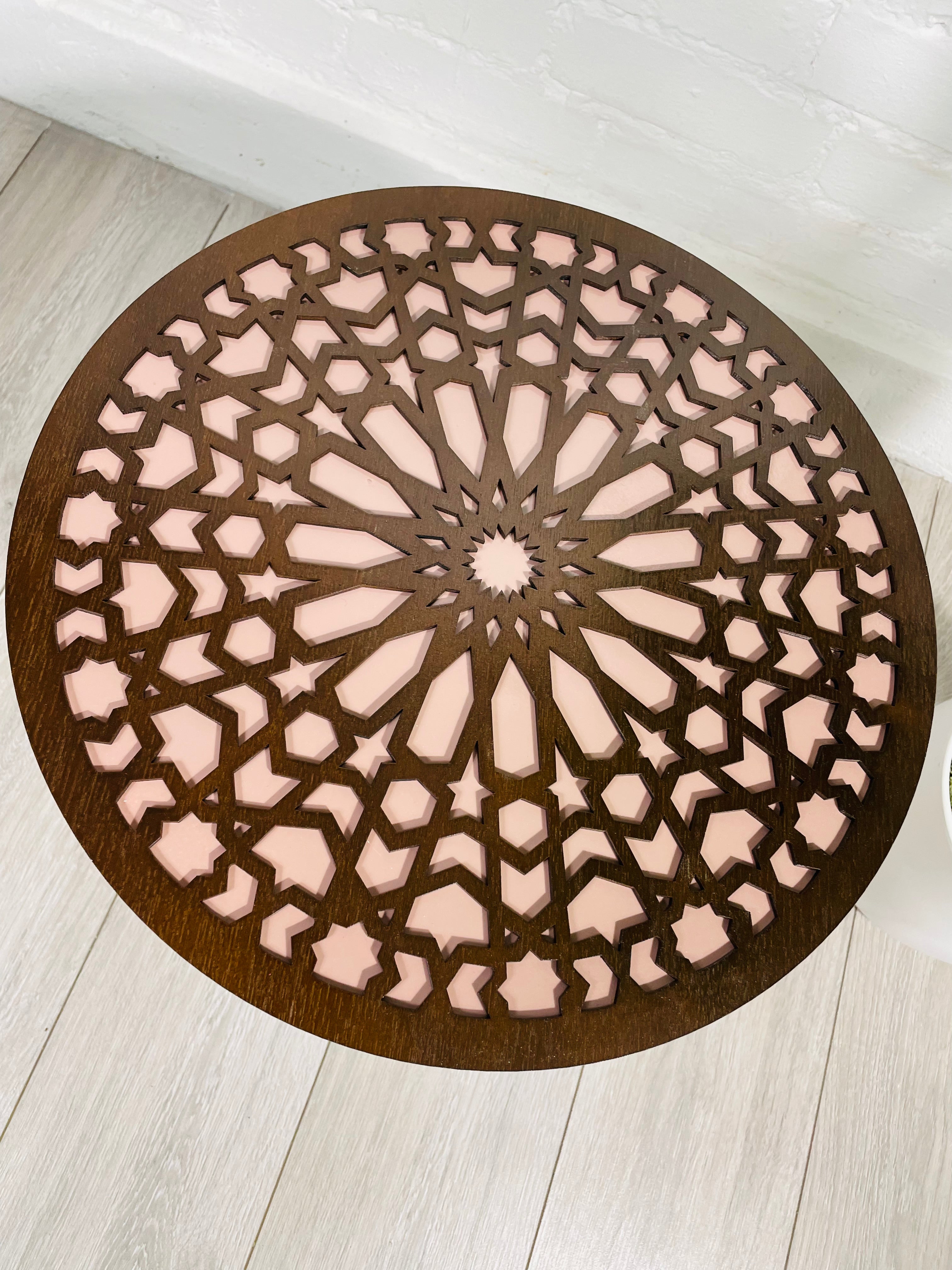 Moroccan Mosaic Side Table Pin Legs, Zellige Table In Pastel Dusty Pink And Walnut Wood stain with Glass Top