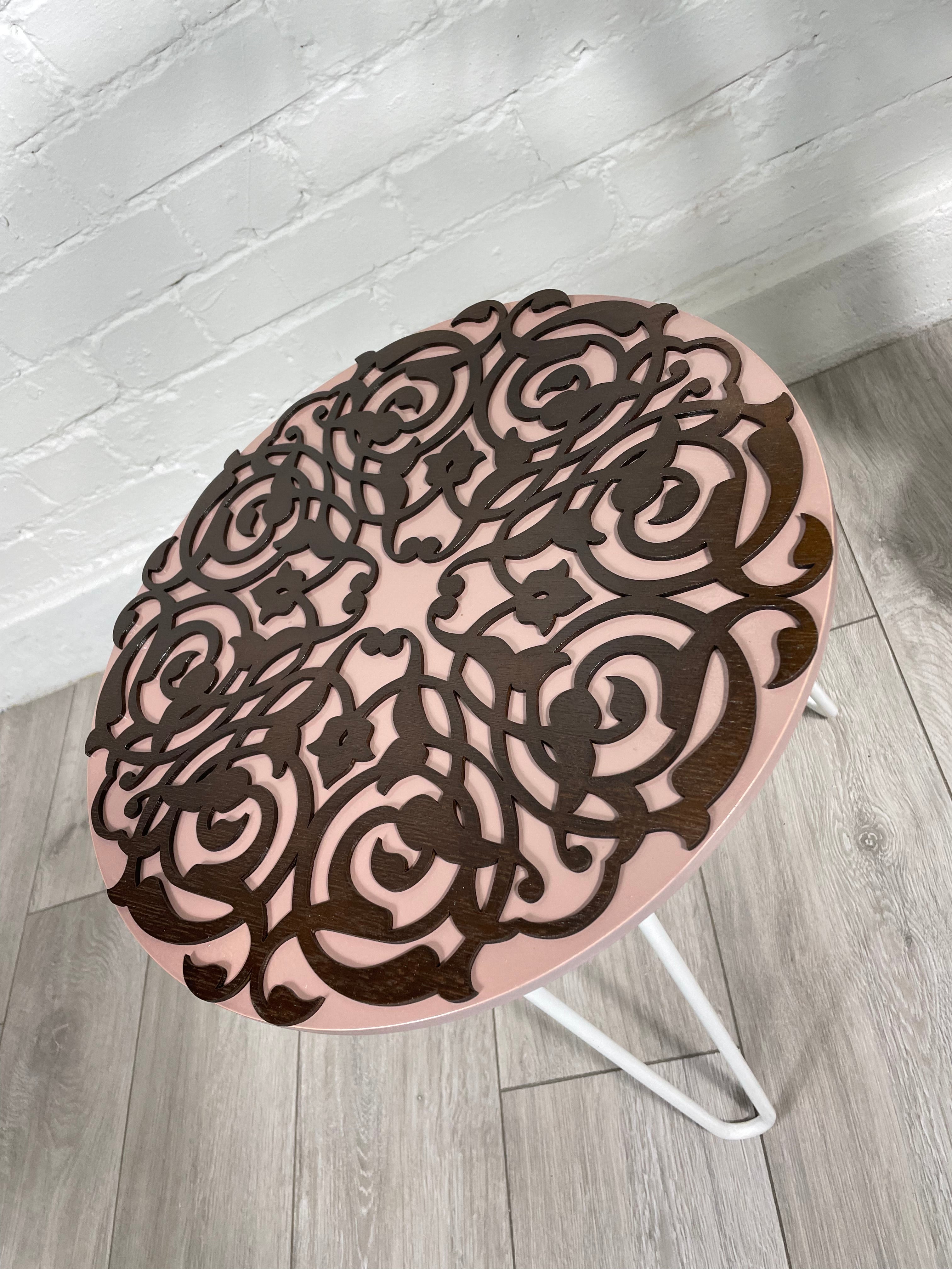 Arabesque Moroccan Side Table in Pastel Pink and Walnut Finish Pin Legs Zellige Table Glass Top