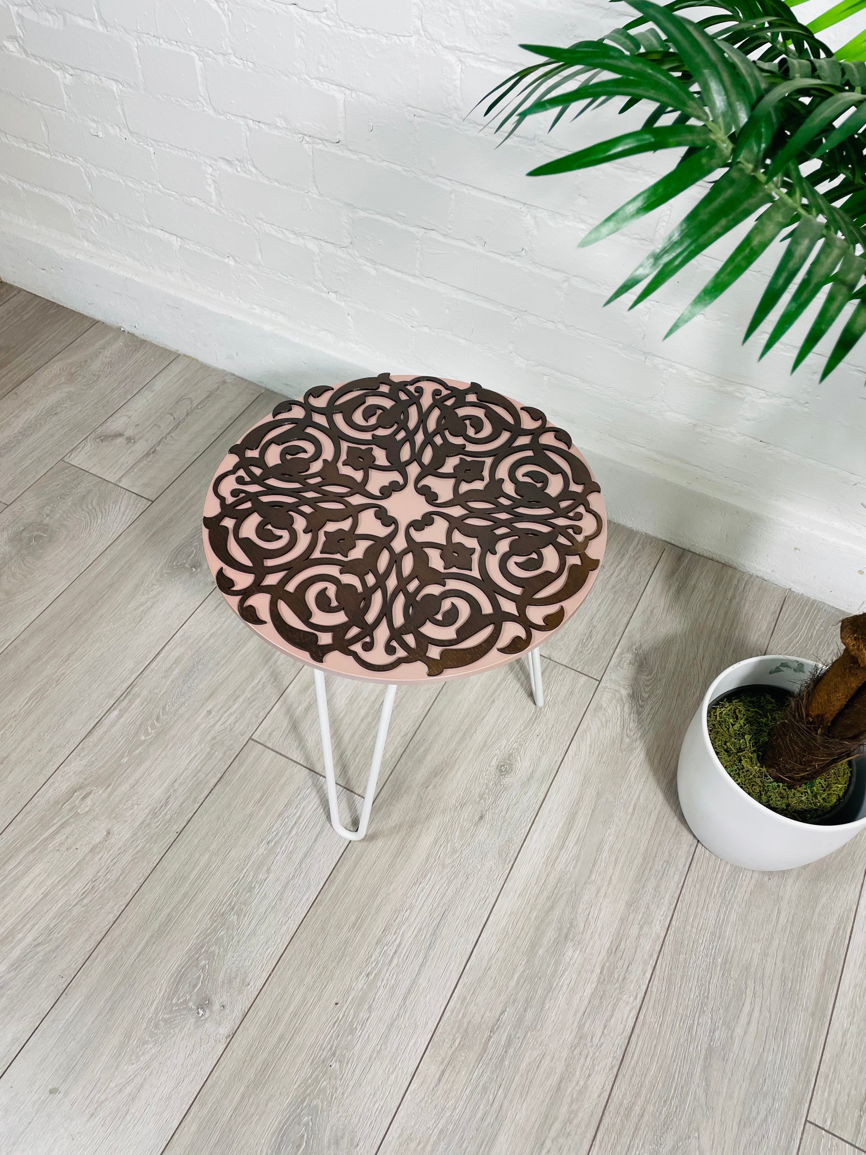 Arabesque Moroccan Side Table in Pastel Pink and Walnut Finish Pin Legs Zellige Table Glass Top