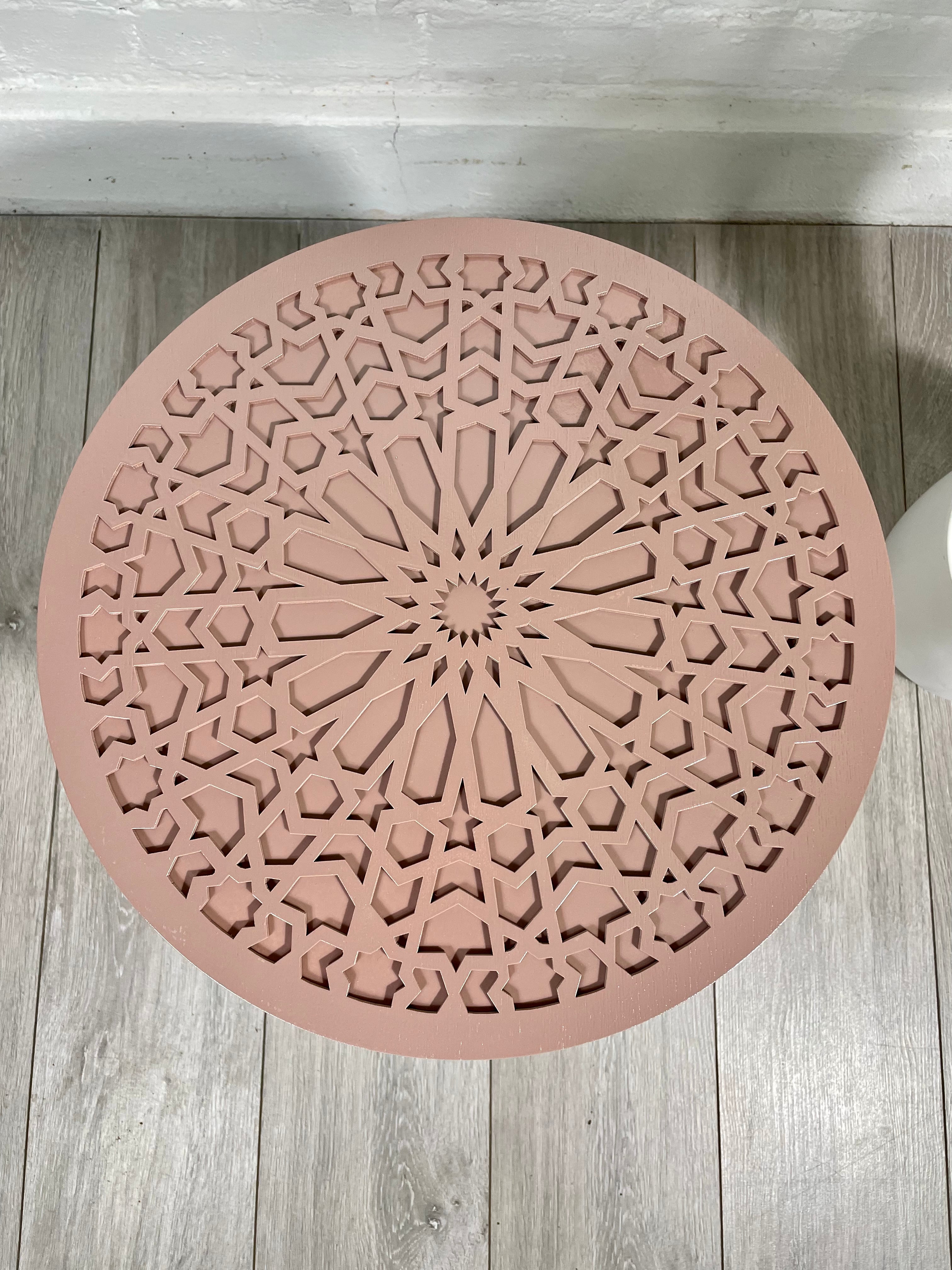 Moroccan Mosaic Side Table Pin Legs, Zellige Table In Pastel Dusty Pink with Glass Top