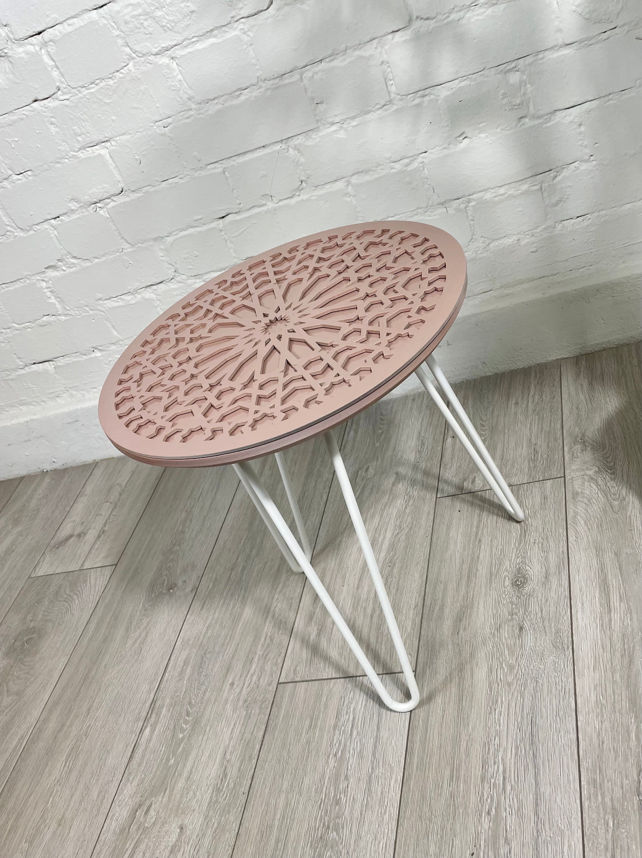 Moroccan Mosaic Side Table Pin Legs, Zellige Table In Pastel Dusty Pink with Glass Top